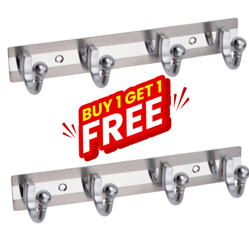     			MALAIKAH Buy 1 Get 1 Free Stainless Steel 4 Hook Wall Mounted Cloth Hanger – Heavy-Duty Rustproof Multi-Purpose Hanger for Clothes, Keys, Bags & Towels .