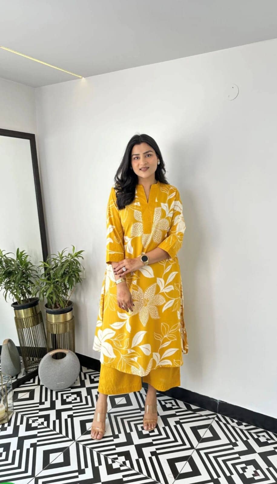 Mahek Fashion Women Printed Top With Palazzos Co-Ord Set ( Yellow )