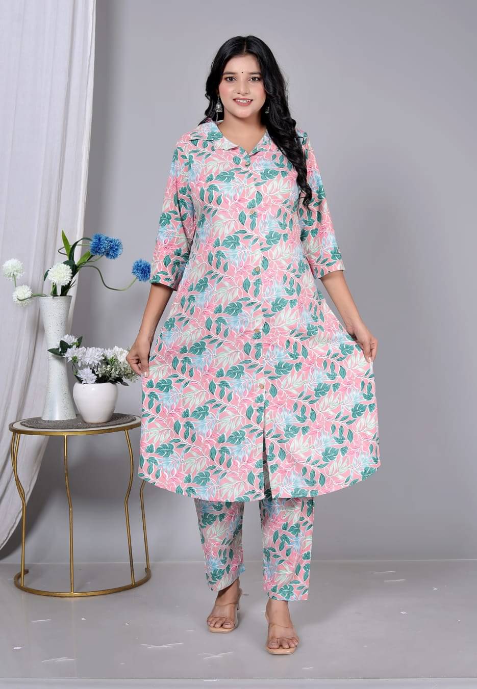     			Manu Fashion Women Rayon Printed A-line Kurti With Pants ( Pink )