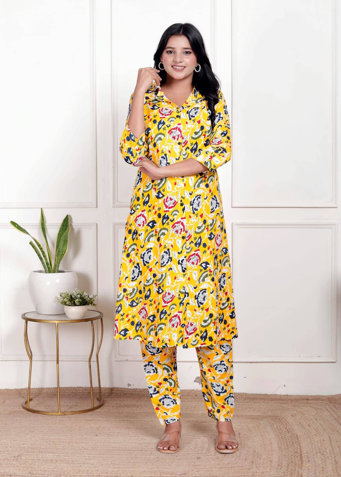     			Manu Fashion Women Rayon Printed A-line Kurti With Pants ( Yellow )