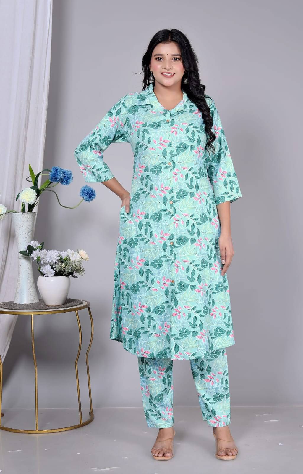     			Manu Fashion Women Rayon Printed A-line Kurti With Pants ( Blue )