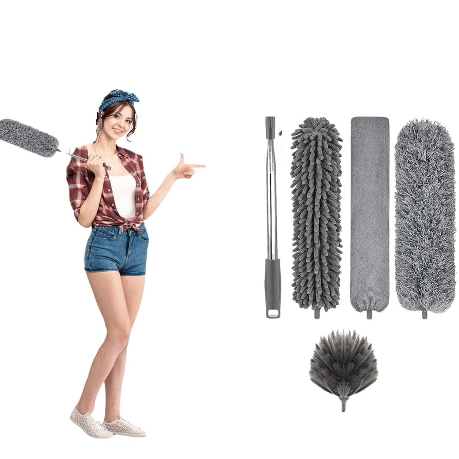     			Microfiber Dusters for Cleaning - 5 in 1 Feather Duster Washable Extendable with Stainless Steel Extension Pole, Bendable Kit Ceiling Fan/Furniture/Cars