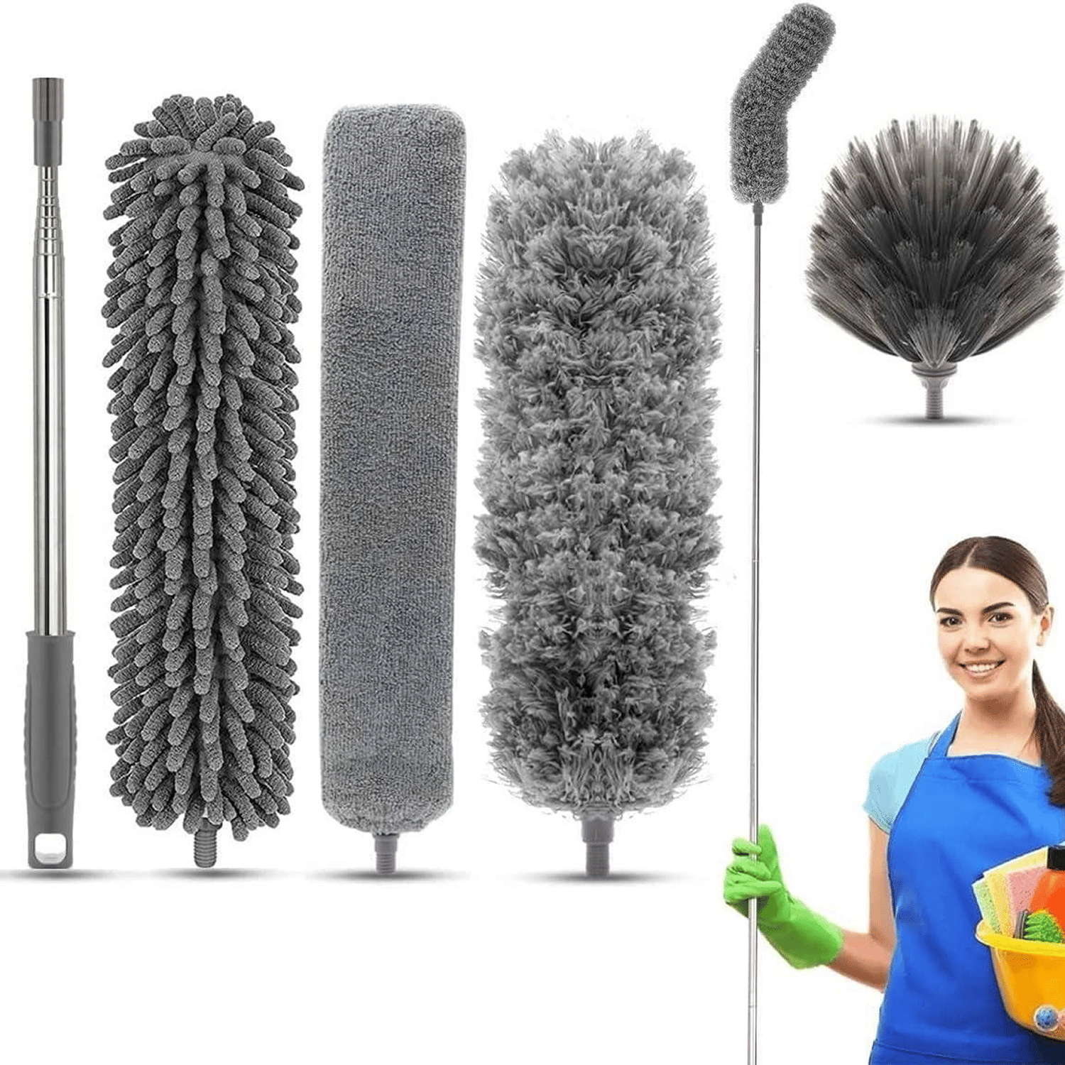    			Microfiber Dusters for Cleaning - 5 in 1 Feather Duster Washable Extendable with Stainless Steel Extension Pole, Bendable Kit Ceiling Fan/Furniture/Cars