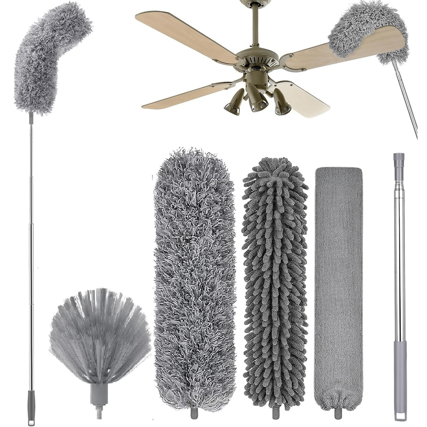    			Microfiber Dusters for Cleaning - 5 in 1 Feather Duster Washable Extendable with Stainless Steel Extension Pole, Bendable Kit Ceiling Fan/Furniture/Cars