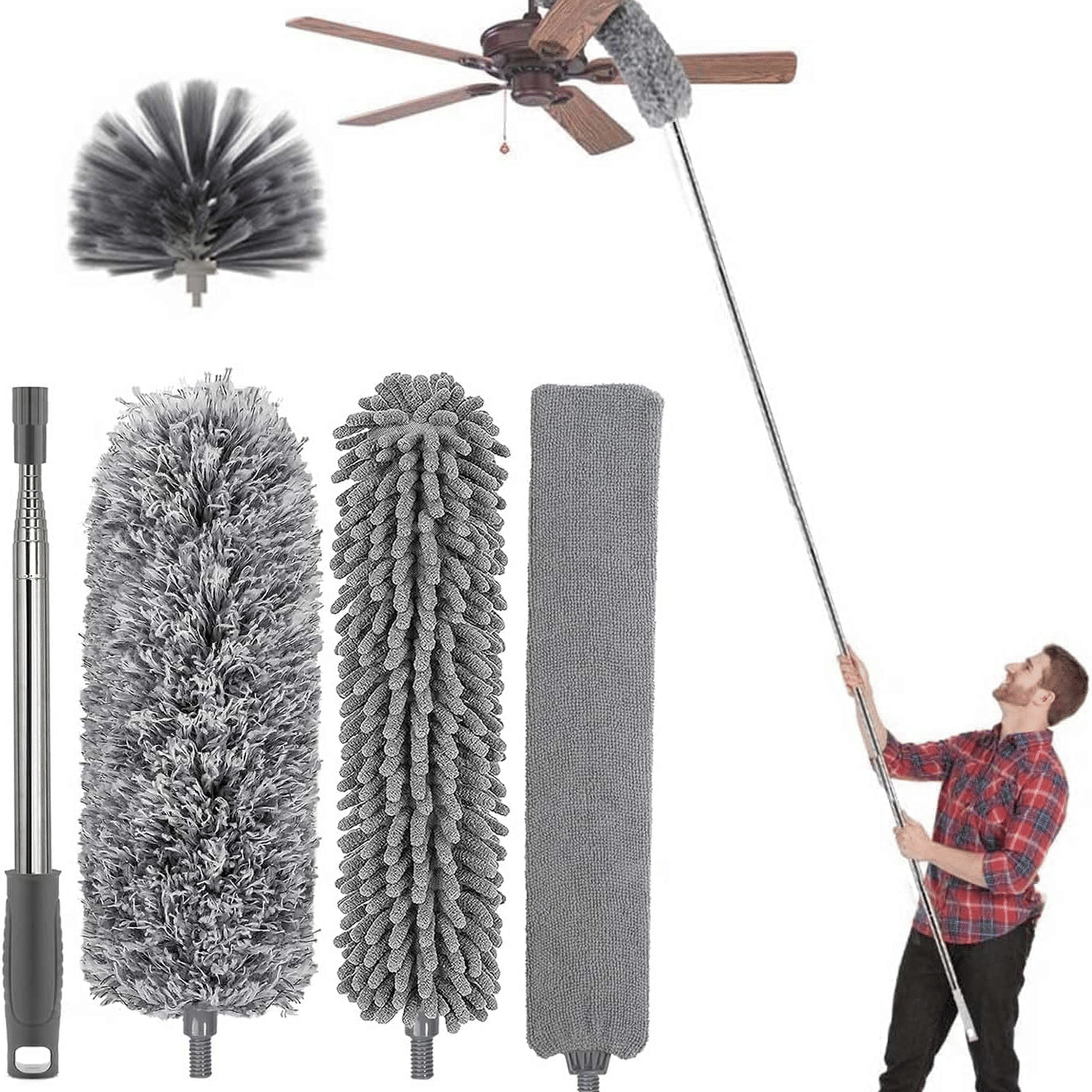     			Microfiber Dusters for Cleaning - 5 in 1 Feather Duster Washable Extendable with Stainless Steel Extension Pole, Bendable Kit Ceiling Fan/Furniture/Cars