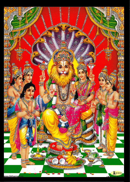 NARSIMHA LAKSHMI Sparkled Laminated Photo 5 (Width) x 7 (Length) inch on Wooden Base With Back Support Mount NARSIMHA LAKSHMI Sparkled Laminated Photo 5 (Width) x 7 (Length) inch on Wooden Base With Back Support Mount