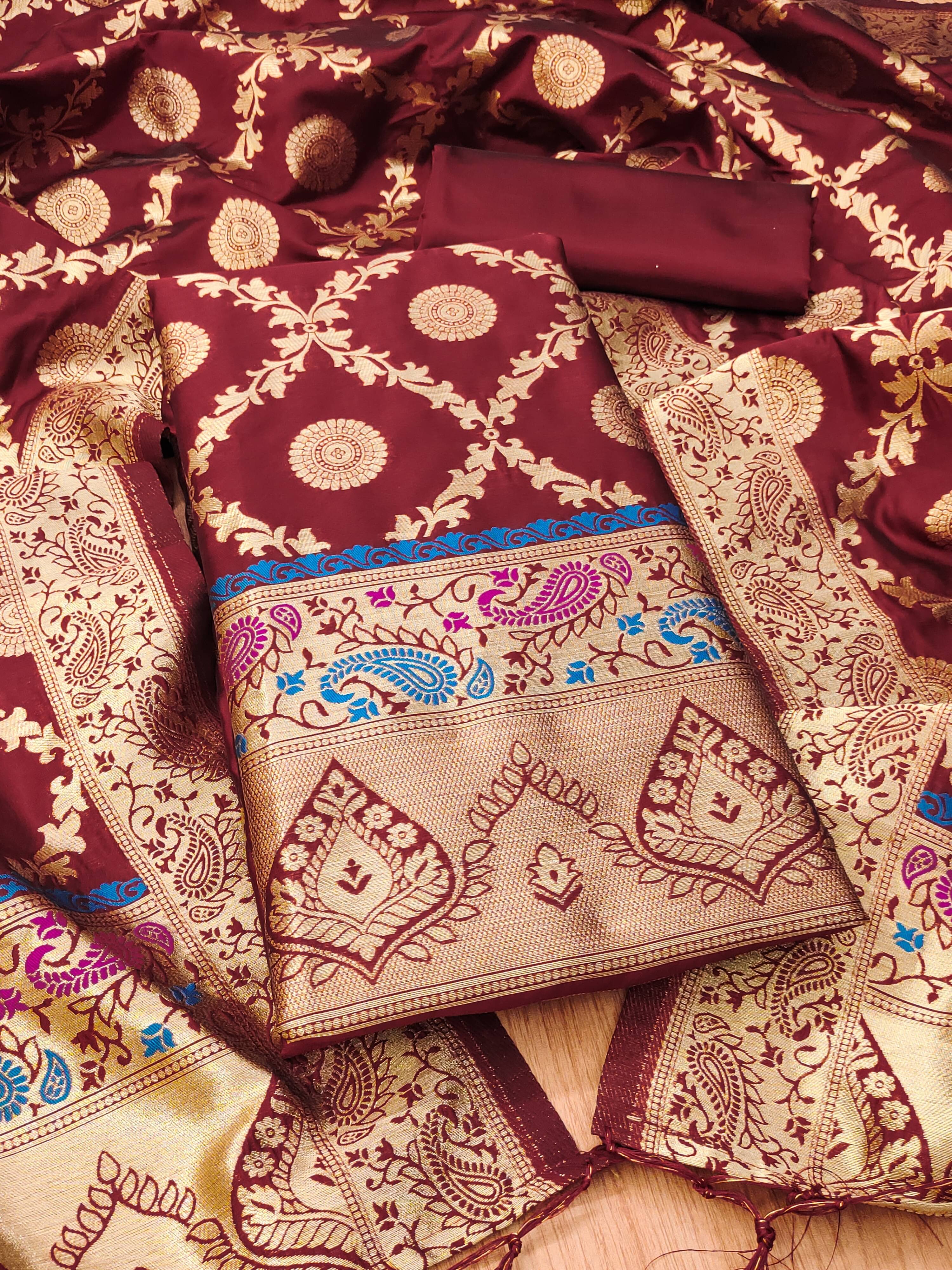     			PANZORA Women Banarasi Unstitched Dress Material ( Maroon )