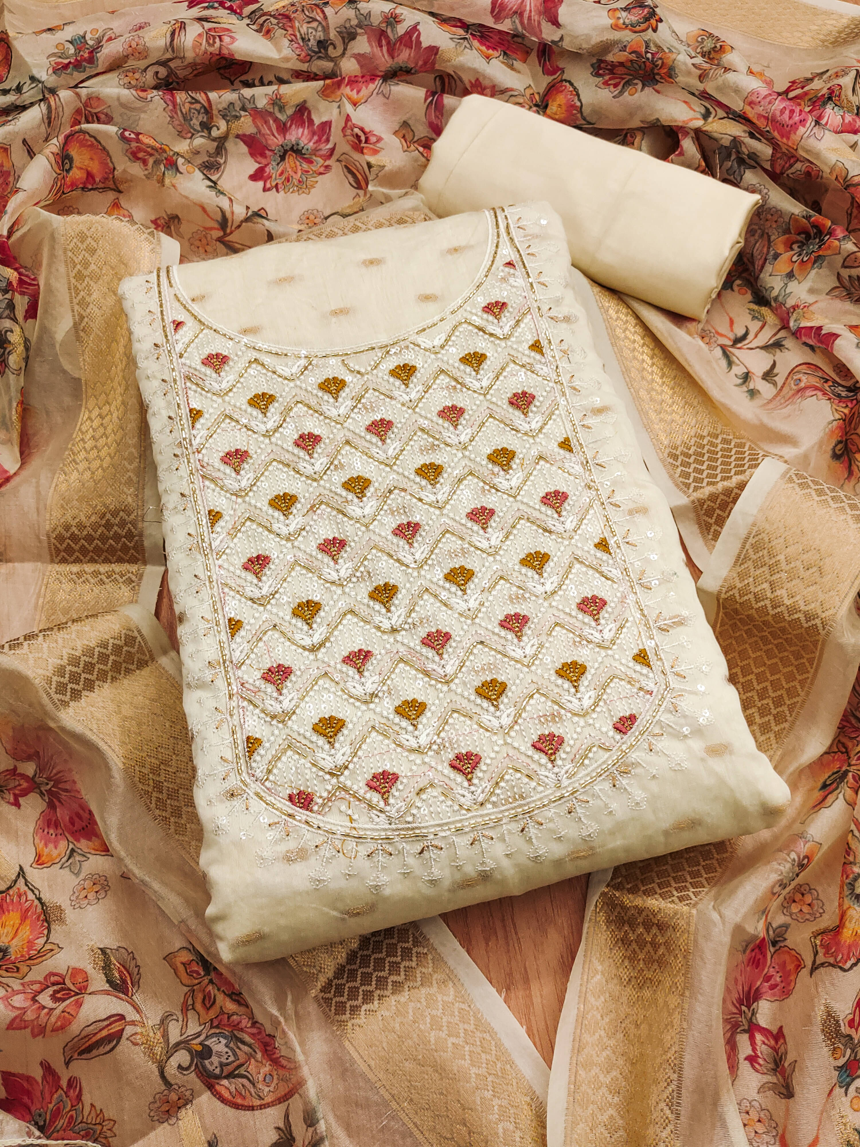     			PANZORA Women Chanderi Unstitched Dress Material ( White )