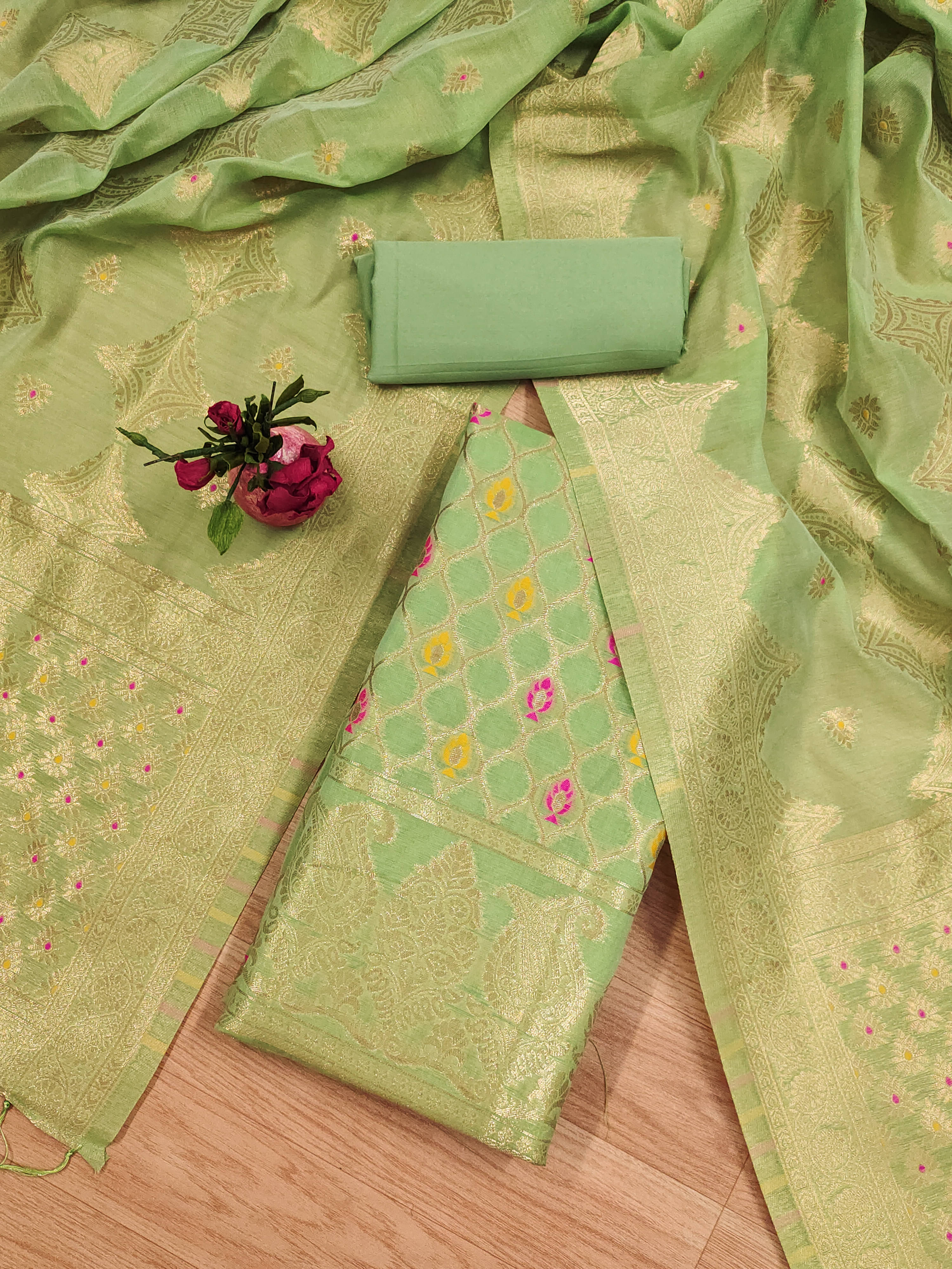     			PANZORA Women Chanderi Unstitched Dress Material ( Lime Green )