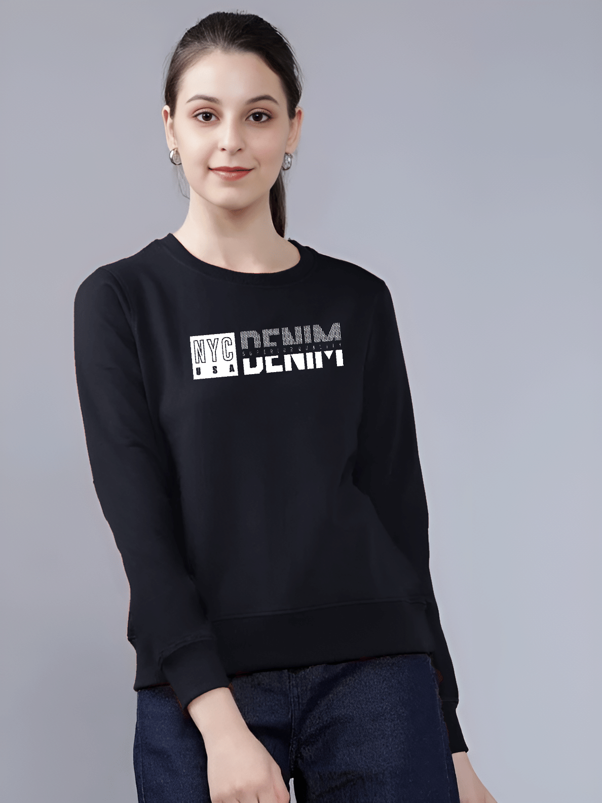 Reya Cotton Blend Women's Non Hooded Sweatshirt ( Black ) Reya Cotton Blend Women's Non Hooded Sweatshirt ( Black )