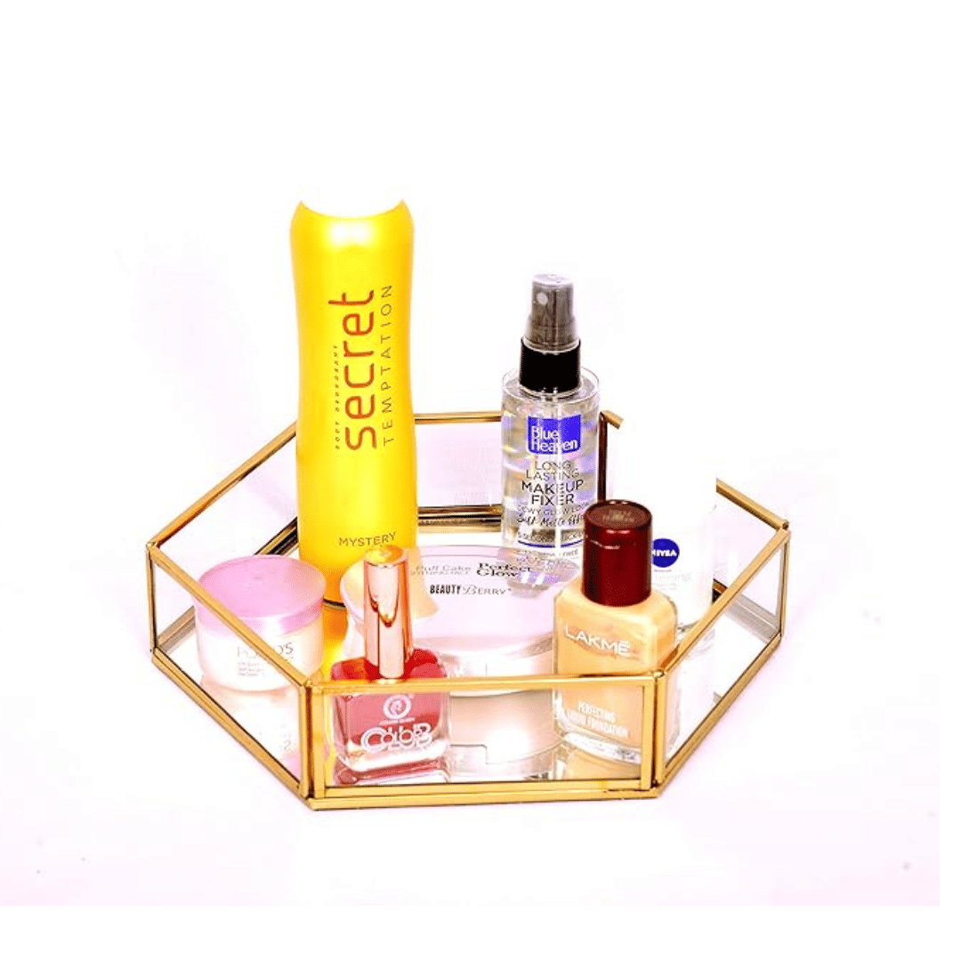     			THE UNIQUE DESIGNS Unique Makeup Brush Holder, Handcrafted Clear Glass and Brass Metal Vintage Storage Jewelry and Cosmetic Makeup Brush Holder Organizer Box (Hexa Tray Large, Gold)