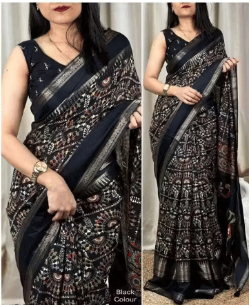 VAANISRI Cotton Silk Printed Regular Saree With Unstitched Blouse Piece ( Black ) VAANISRI Cotton Silk Printed Regular Saree With Unstitched Blouse Piece ( Black )