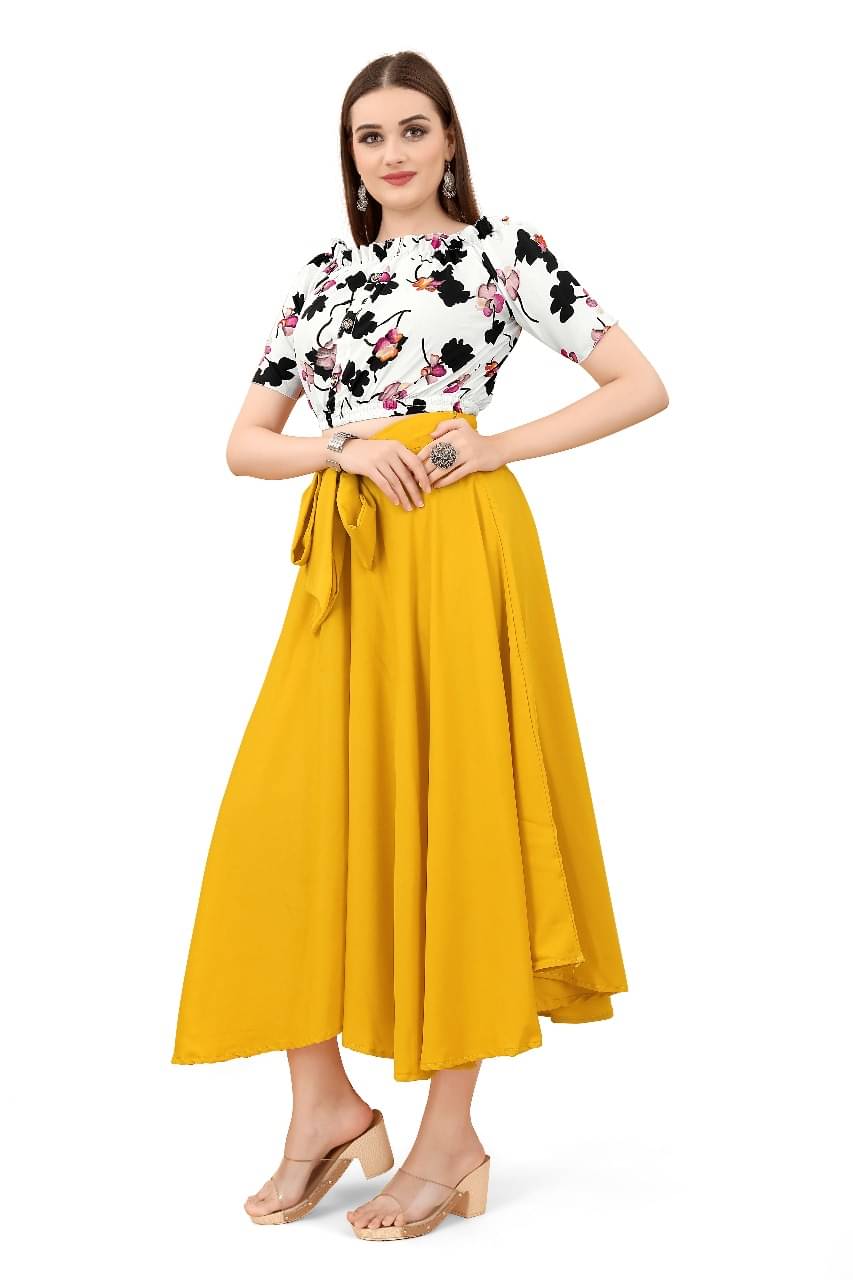     			kanthir Women Printed Top With Skirt Co-Ord Set ( Yellow )