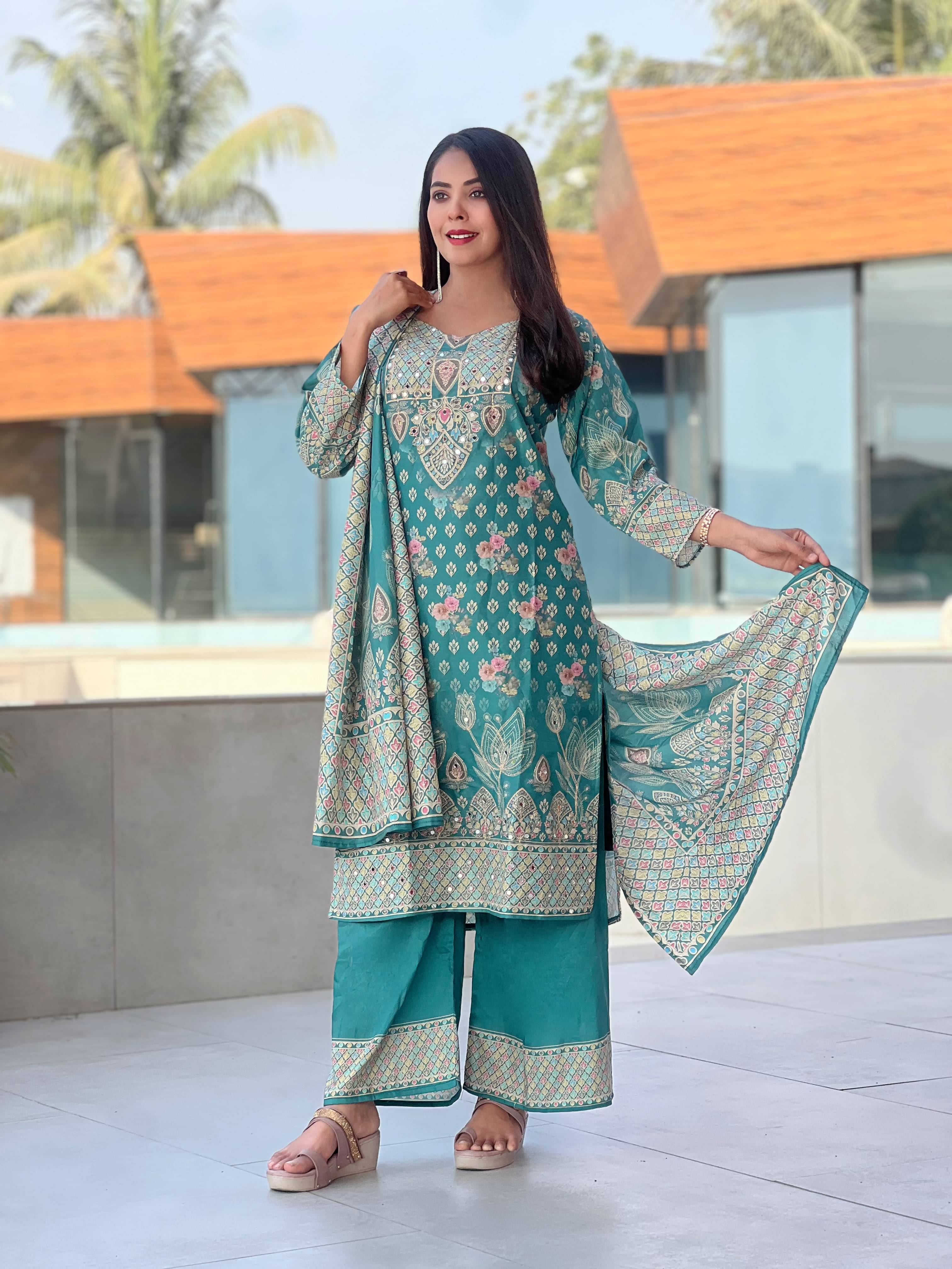 Bindudi Women Silk Blend Embellished Straight Kurti With Pants ( Teal ) Bindudi Women Silk Blend Embellished Straight Kurti With Pants ( Teal )