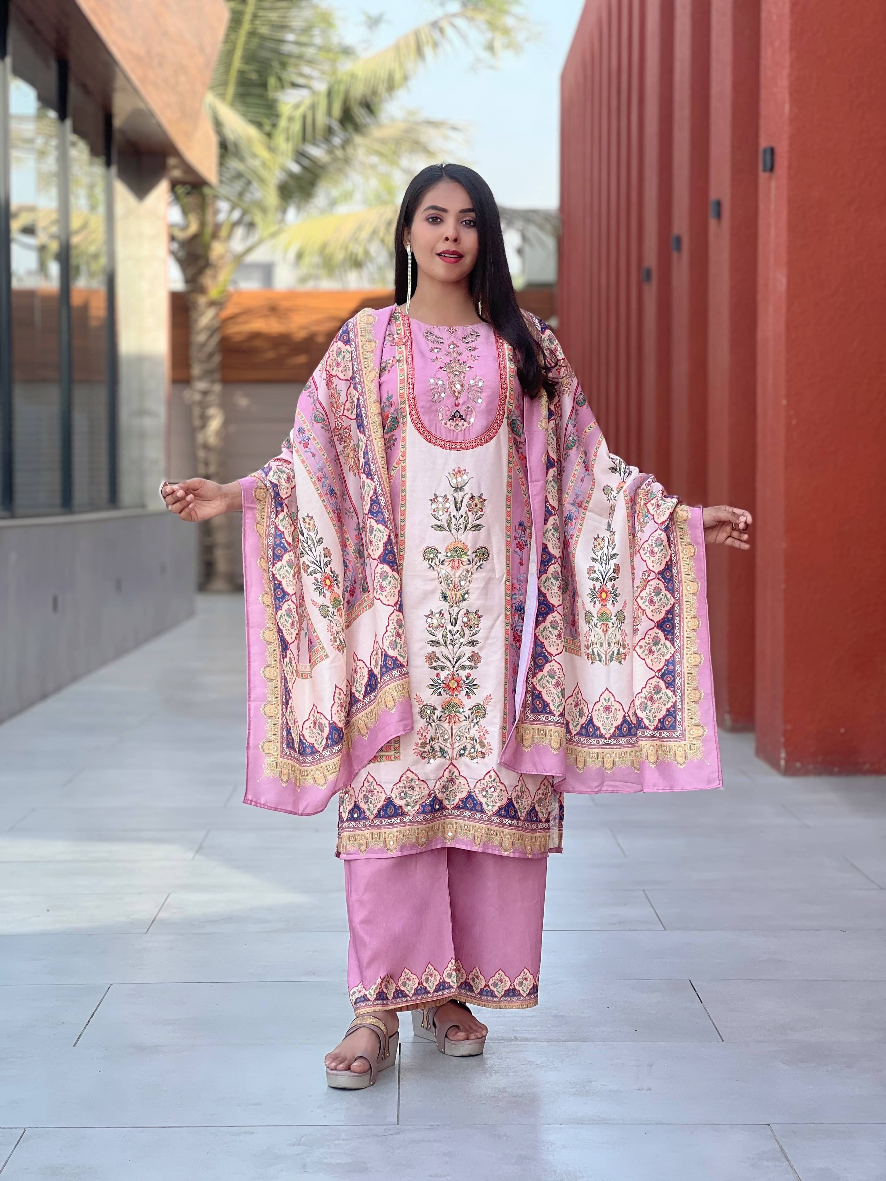     			Bindudi Women Silk Blend Embellished Straight Kurti With Pants ( Pink )