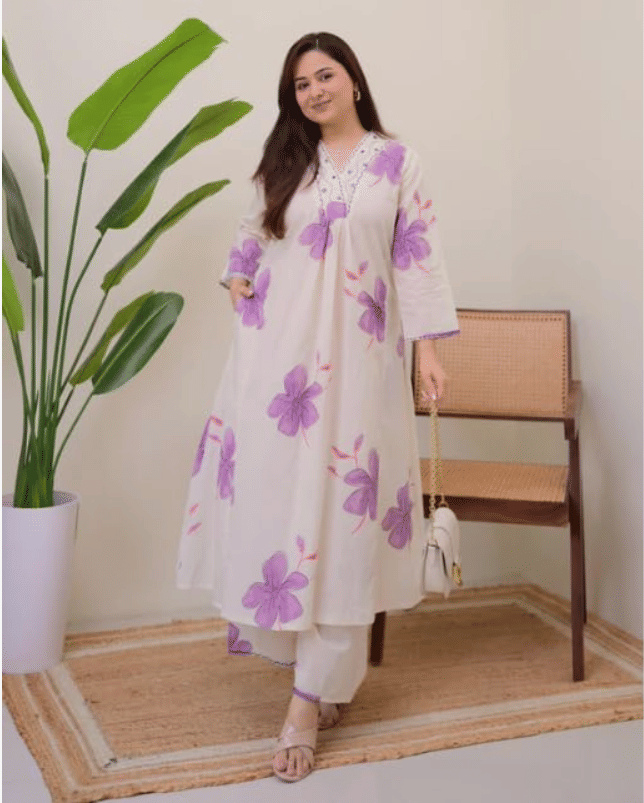 HF WARD Women Cotton Printed A-line Kurti With Pants ( Purple ) HF WARD Women Cotton Printed A-line Kurti With Pants ( Purple )
