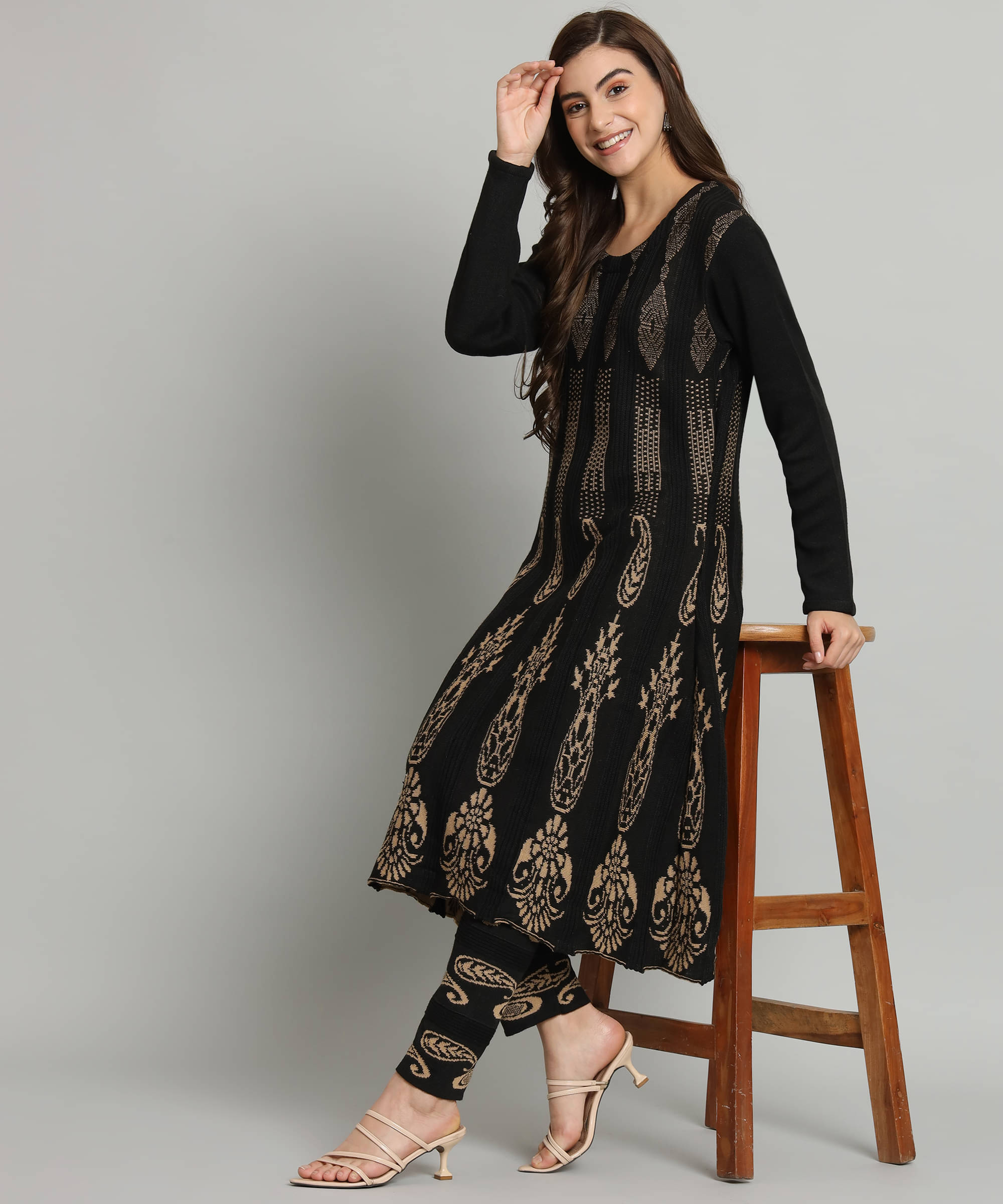     			Kilvested Women Woollen Self Design Frock Style Kurti With Palazzo ( Black )