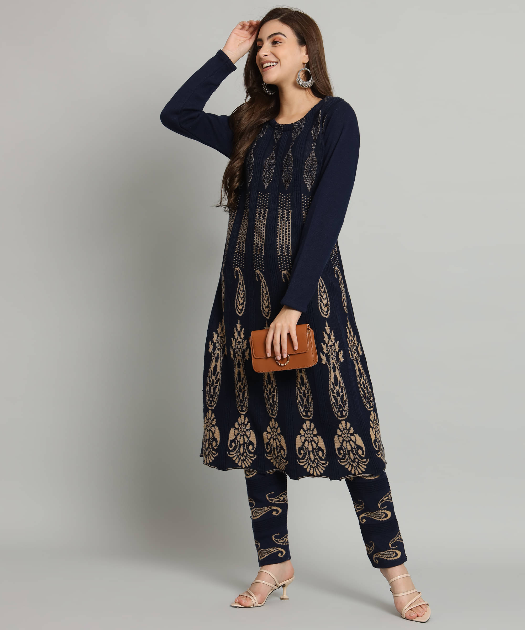    			Kilvested Women Woollen Self Design Frock Style Kurti With Palazzo ( Navy Blue )