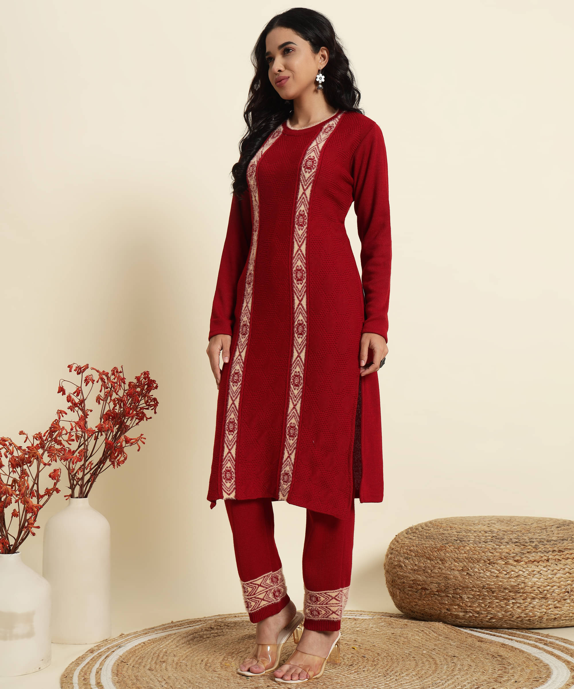     			Kilvested Women Woollen Self Design Straight Kurti With Palazzo ( Maroon )