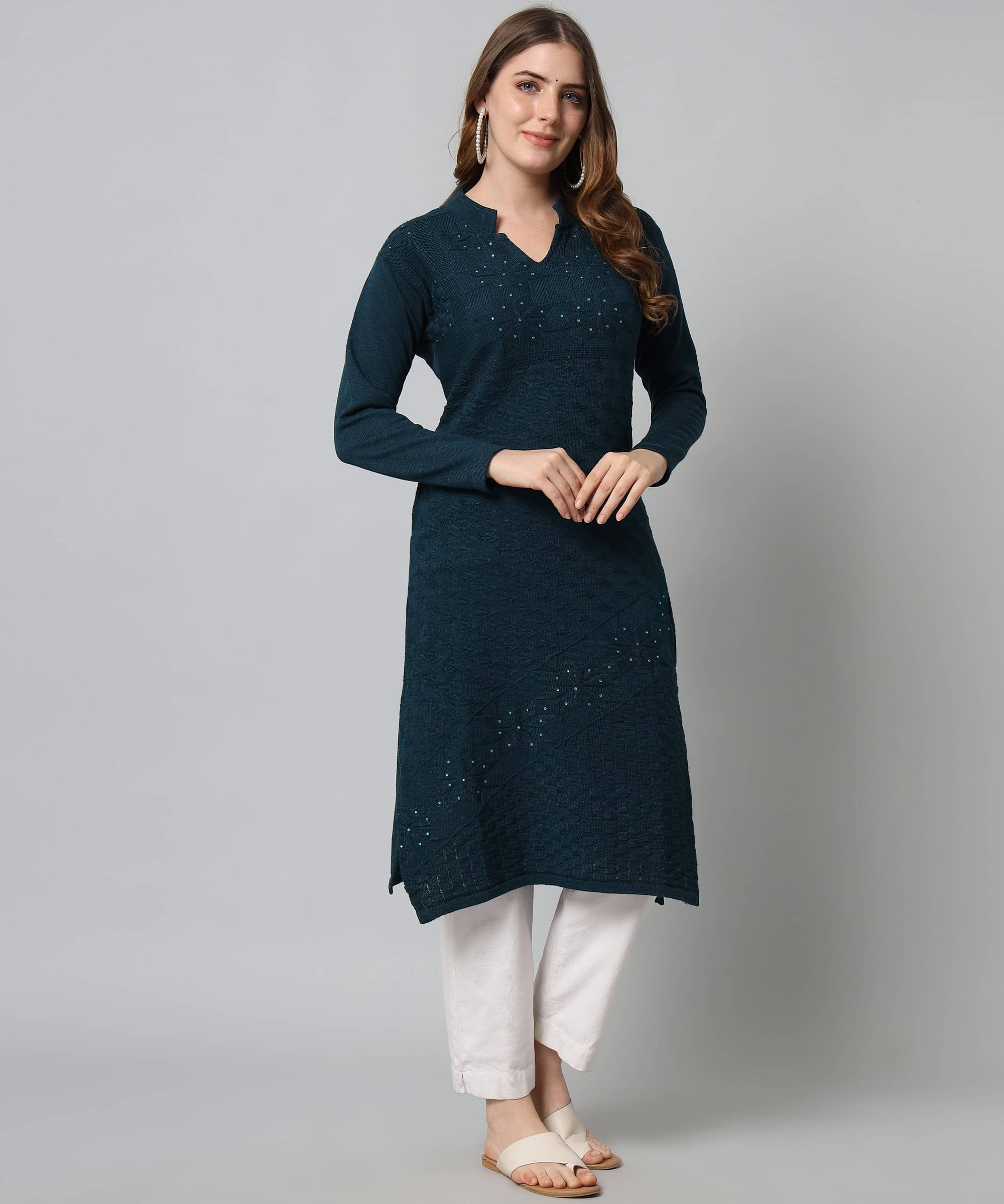 Kilvested Women Woollen Self Design A-line Kurti ( Dark Green ) Kilvested Women Woollen Self Design A-line Kurti ( Dark Green )