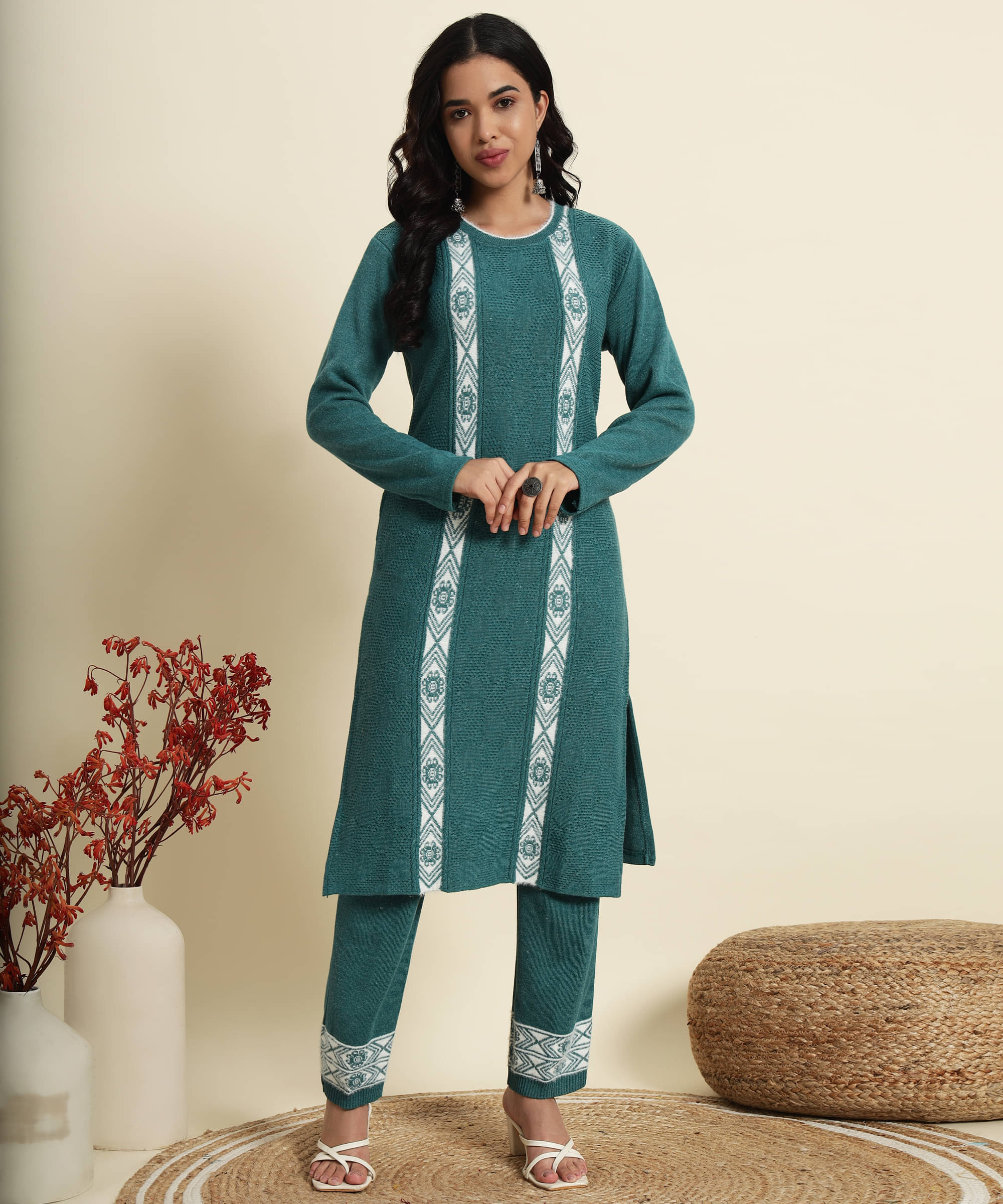     			Kilvested Women Woollen Self Design Straight Kurti With Palazzo ( Mint Green )