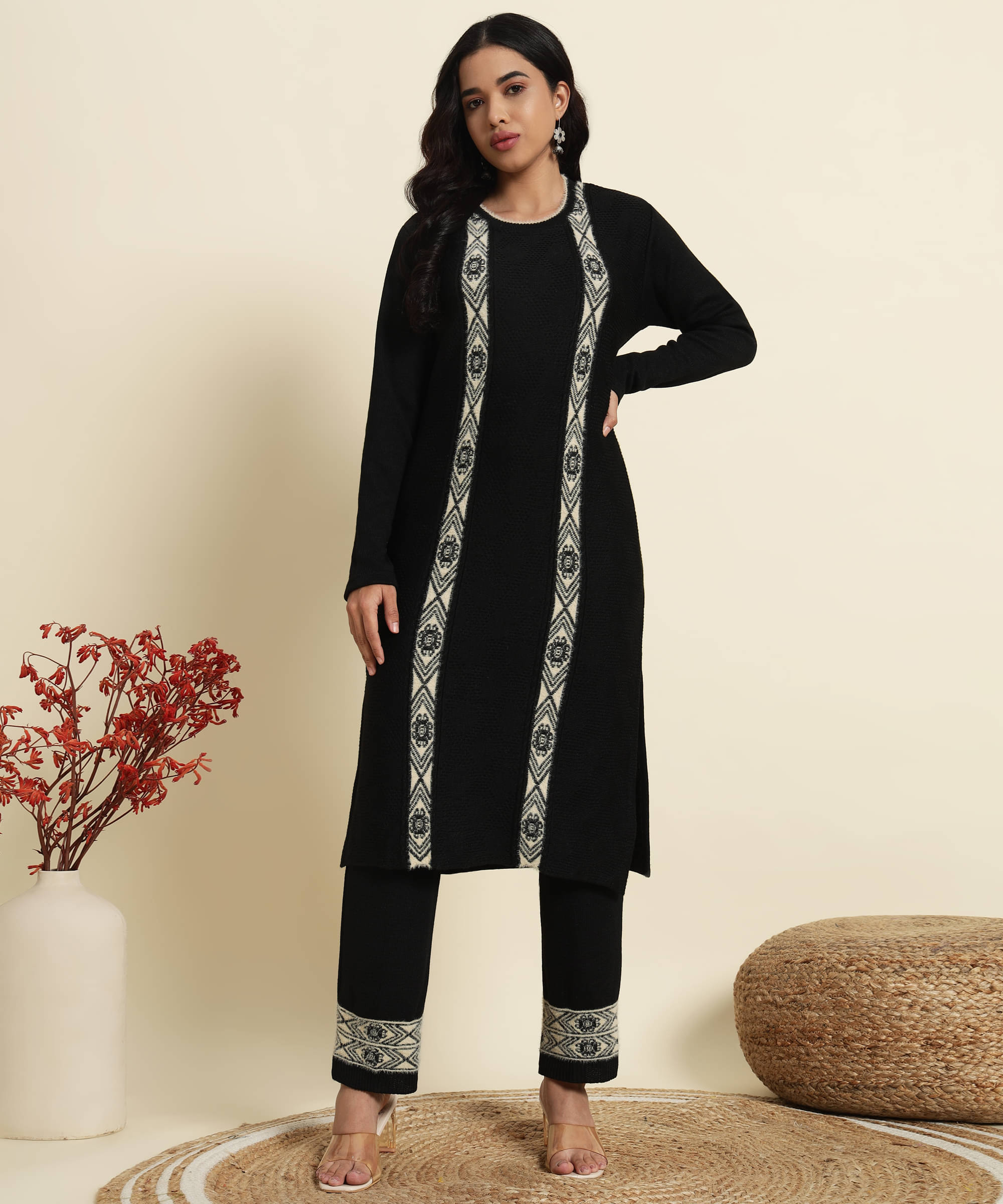     			Kilvested Women Woollen Self Design Straight Kurti With Palazzo ( Black )