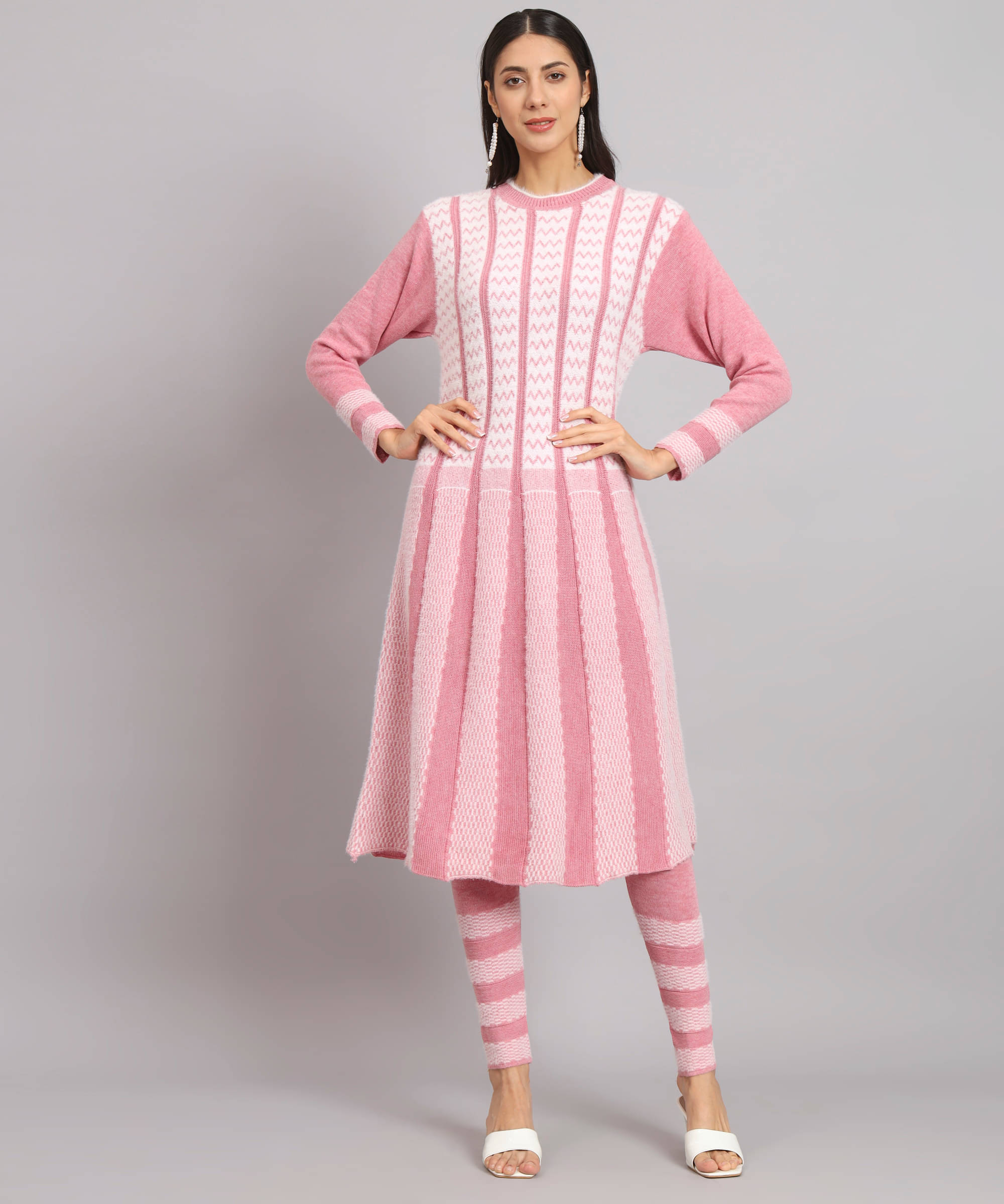     			Kilvested Women Woollen Self Design Frock Style Kurti With Palazzo ( Pink )