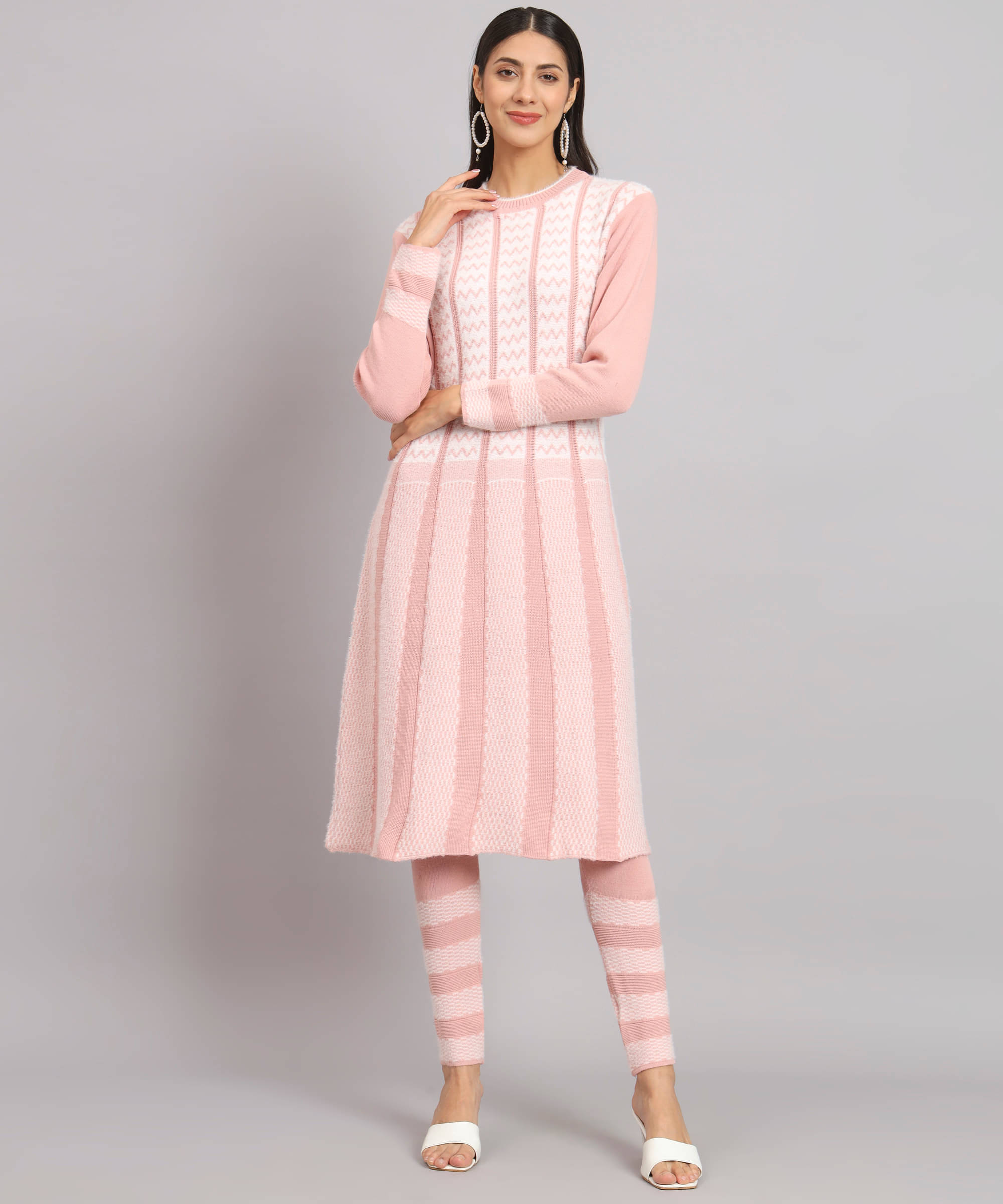     			Kilvested Women Woollen Self Design Frock Style Kurti With Palazzo ( Peach )
