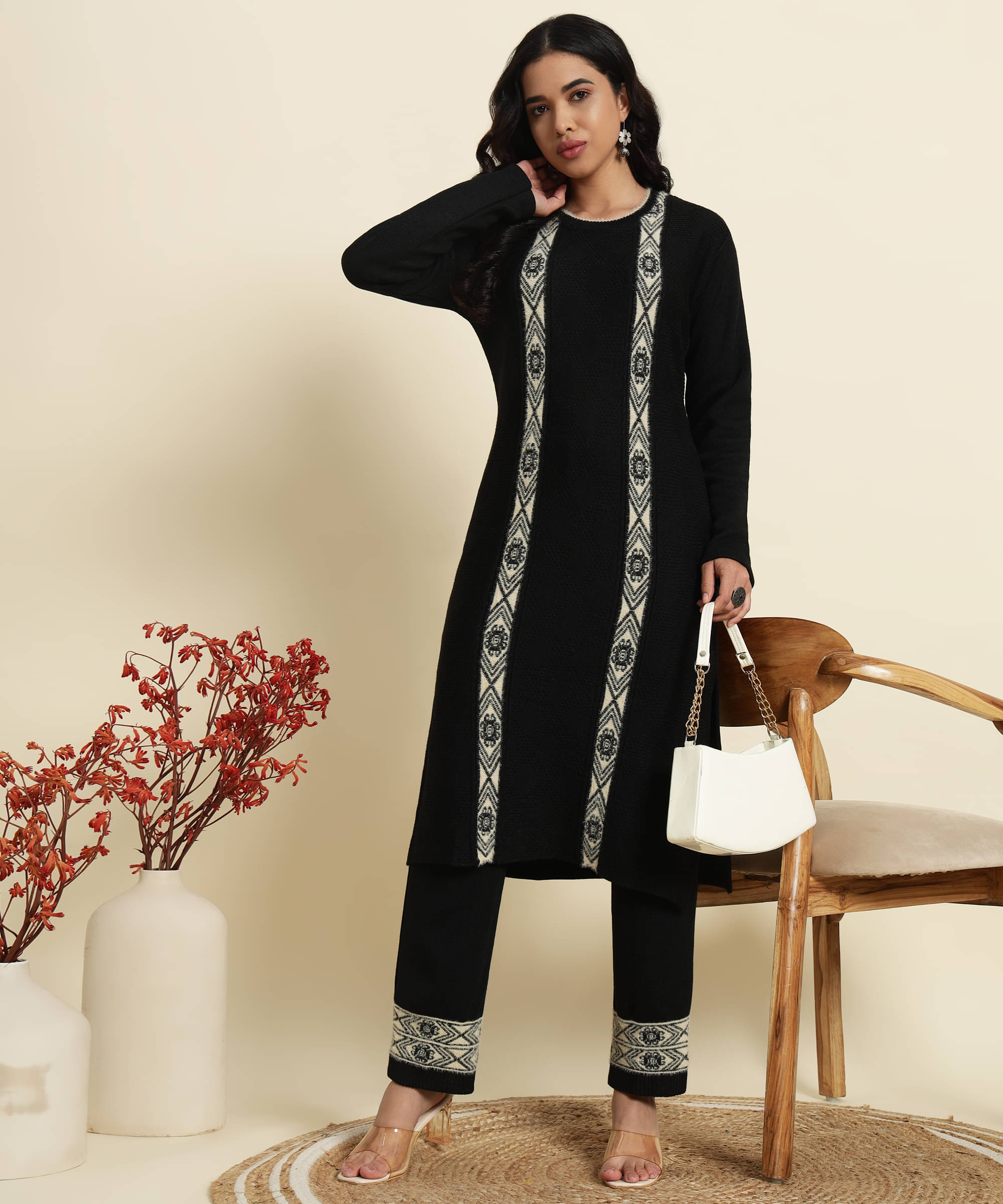     			Kilvested Women Woollen Self Design Straight Kurti With Palazzo ( Black )