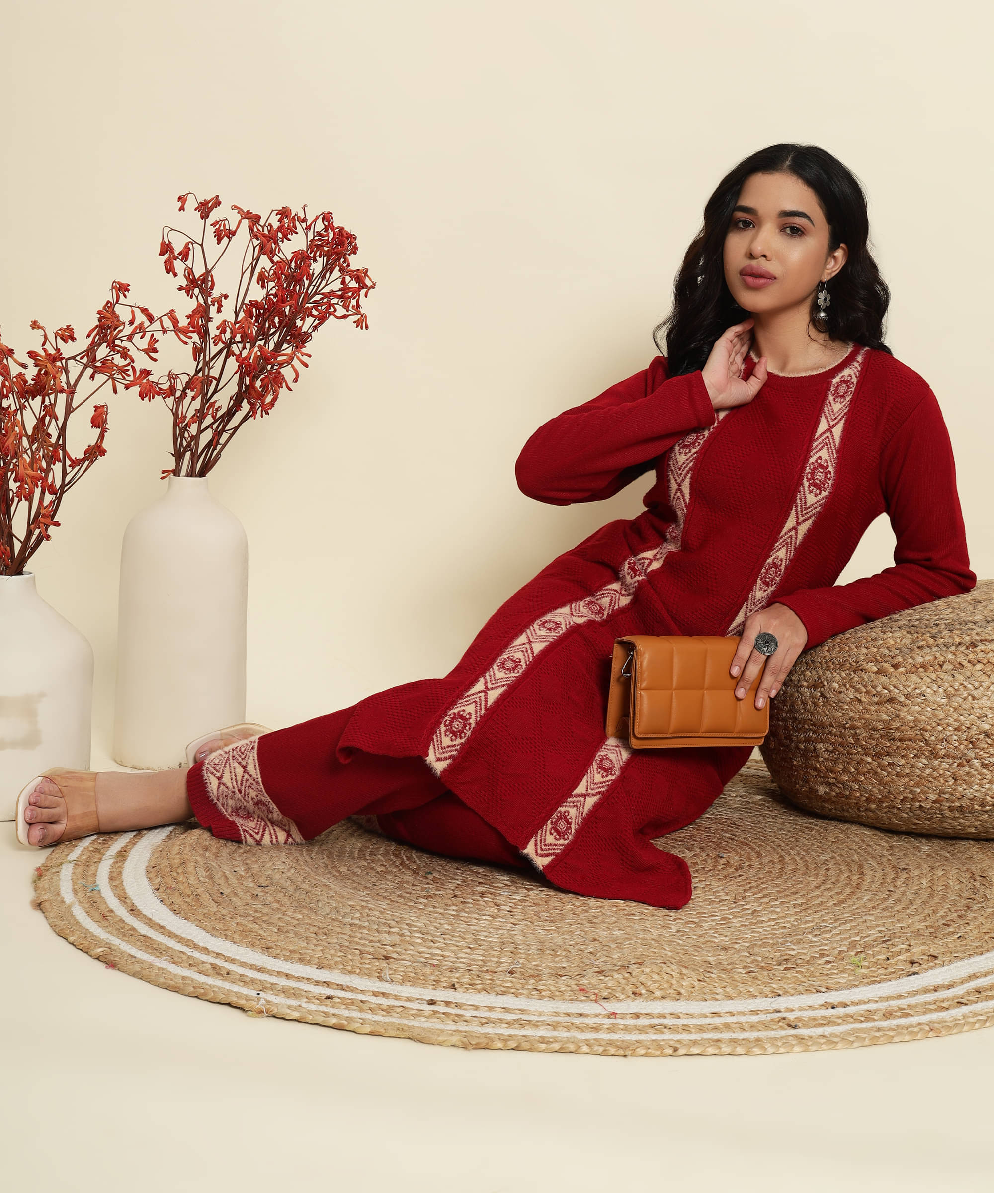     			Kilvested Women Woollen Self Design Straight Kurti With Palazzo ( Maroon )