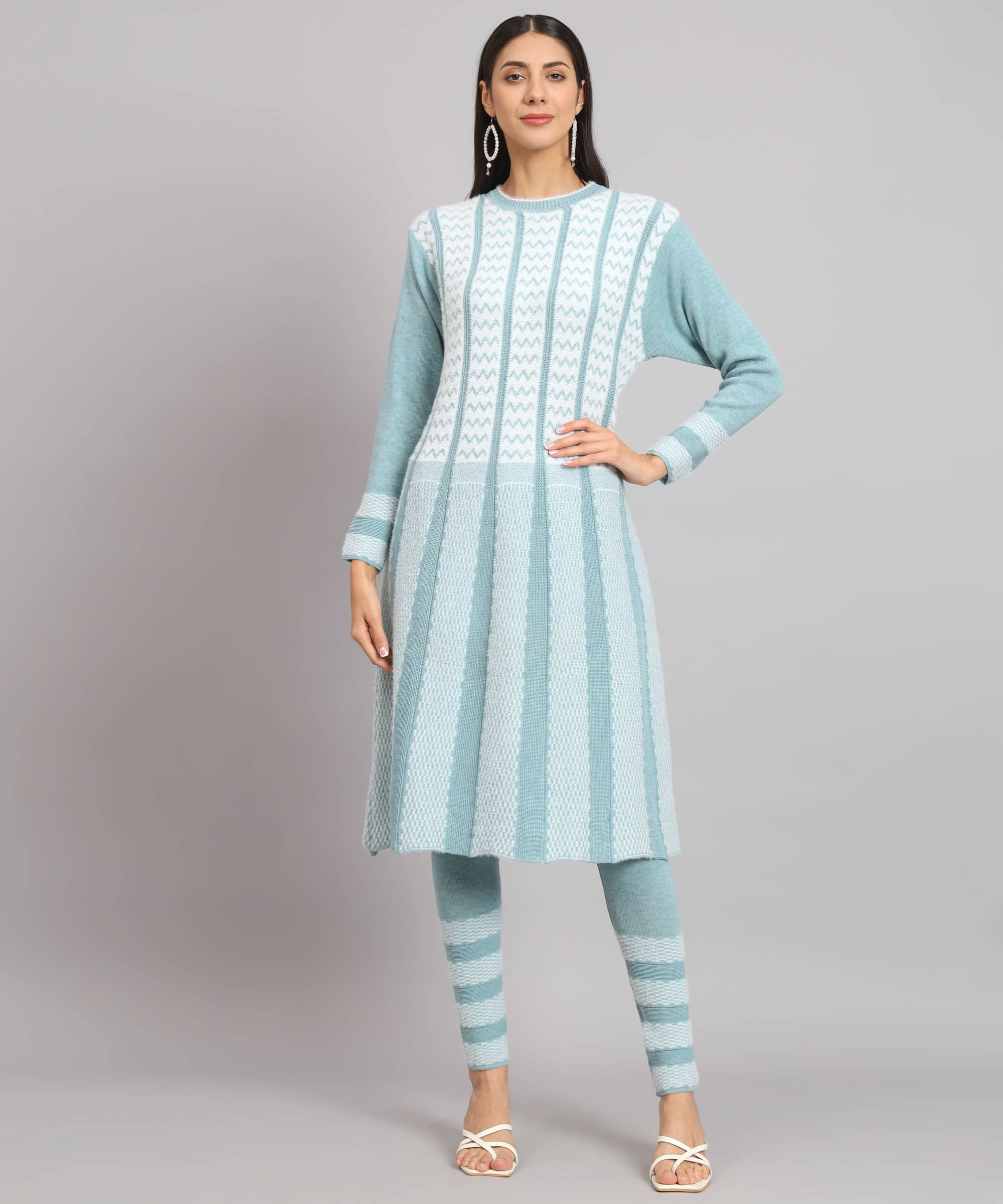     			Kilvested Women Woollen Self Design Frock Style Kurti With Palazzo ( Sea Green )