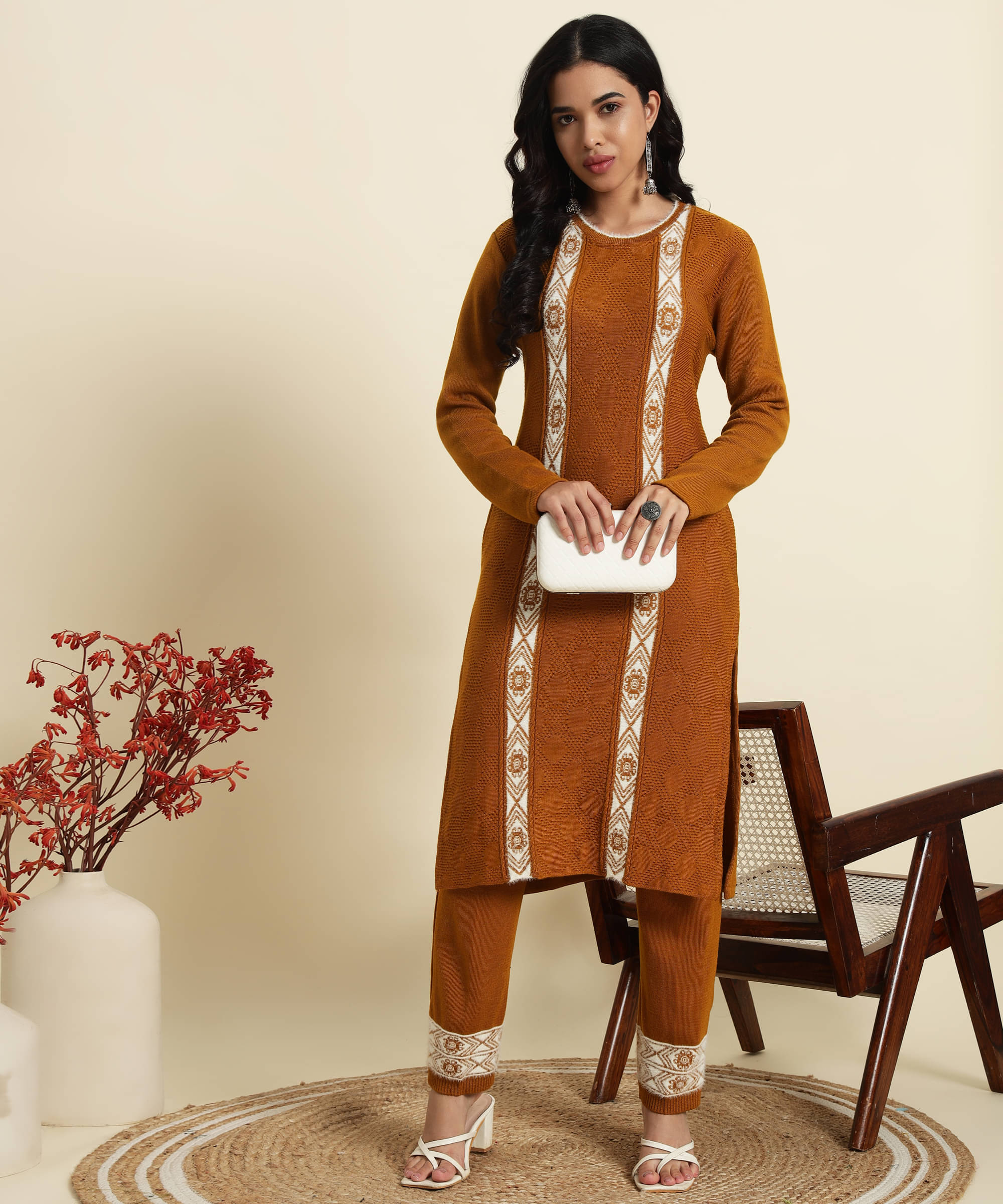    			Kilvested Women Woollen Self Design Straight Kurti With Palazzo ( Brown )
