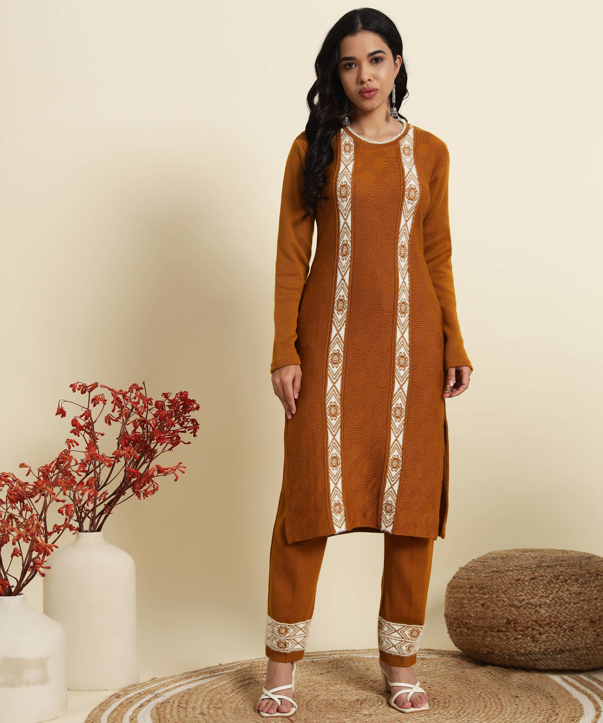 Kilvested Women Woollen Self Design Straight Kurti With Palazzo ( Brown )     			Kilvested Women Woollen Self Design Straight Kurti With Palazzo ( Brown )