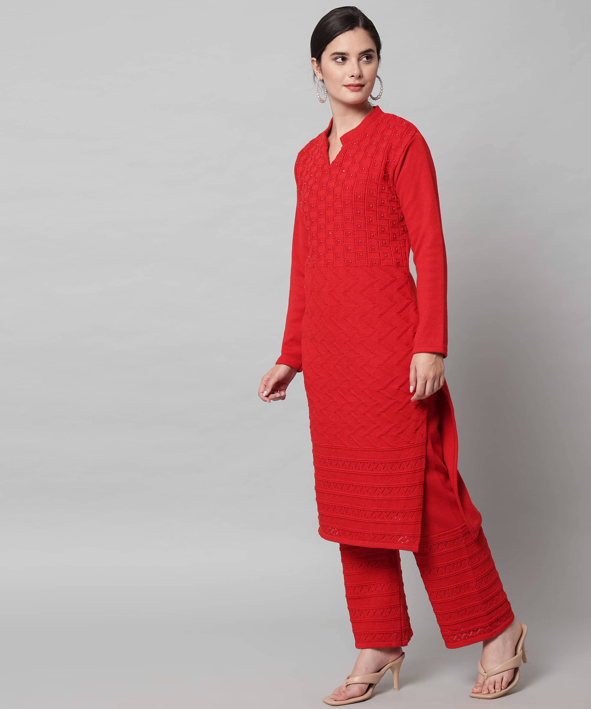     			Kilvested Women Woollen Solid Straight Kurti With Palazzo ( Red )
