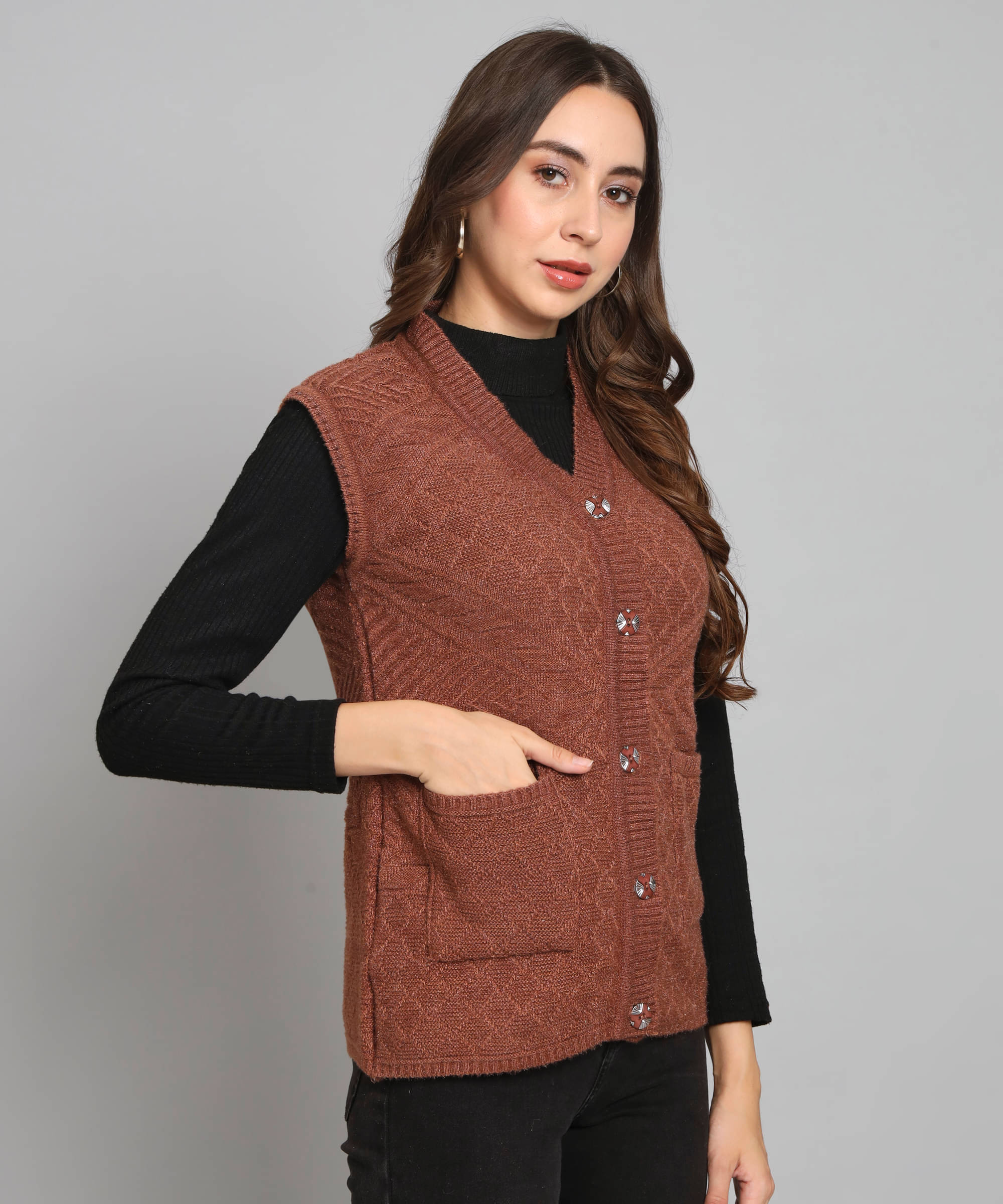 Kilvested Woollen V Neck Women's Buttoned Cardigans - Brown ( Pack of 1 ) Kilvested Woollen V Neck Women's Buttoned Cardigans - Brown ( Pack of 1 )