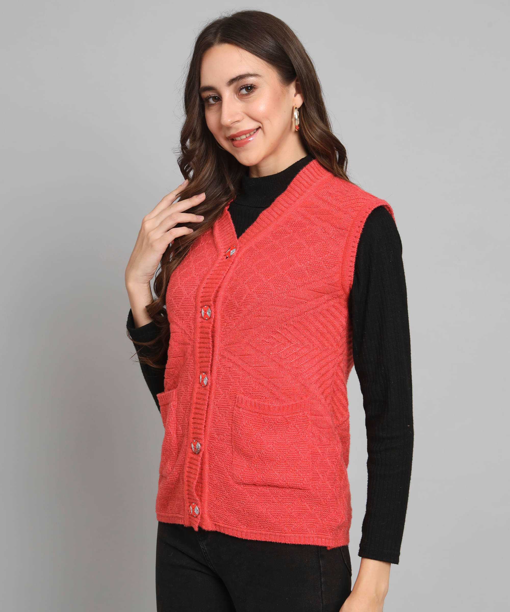     			Kilvested Woollen V Neck Women's Buttoned Cardigans - Orange ( Pack of 1 )