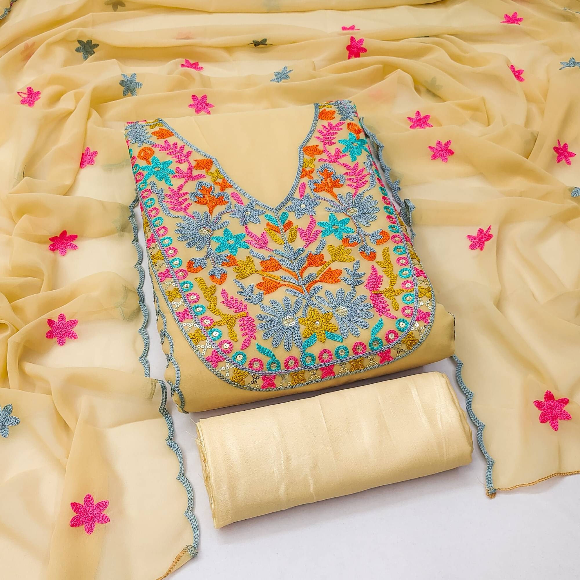 PANZORA Women Georgette Unstitched Dress Material ( Beige )     			PANZORA Women Georgette Unstitched Dress Material ( Beige )