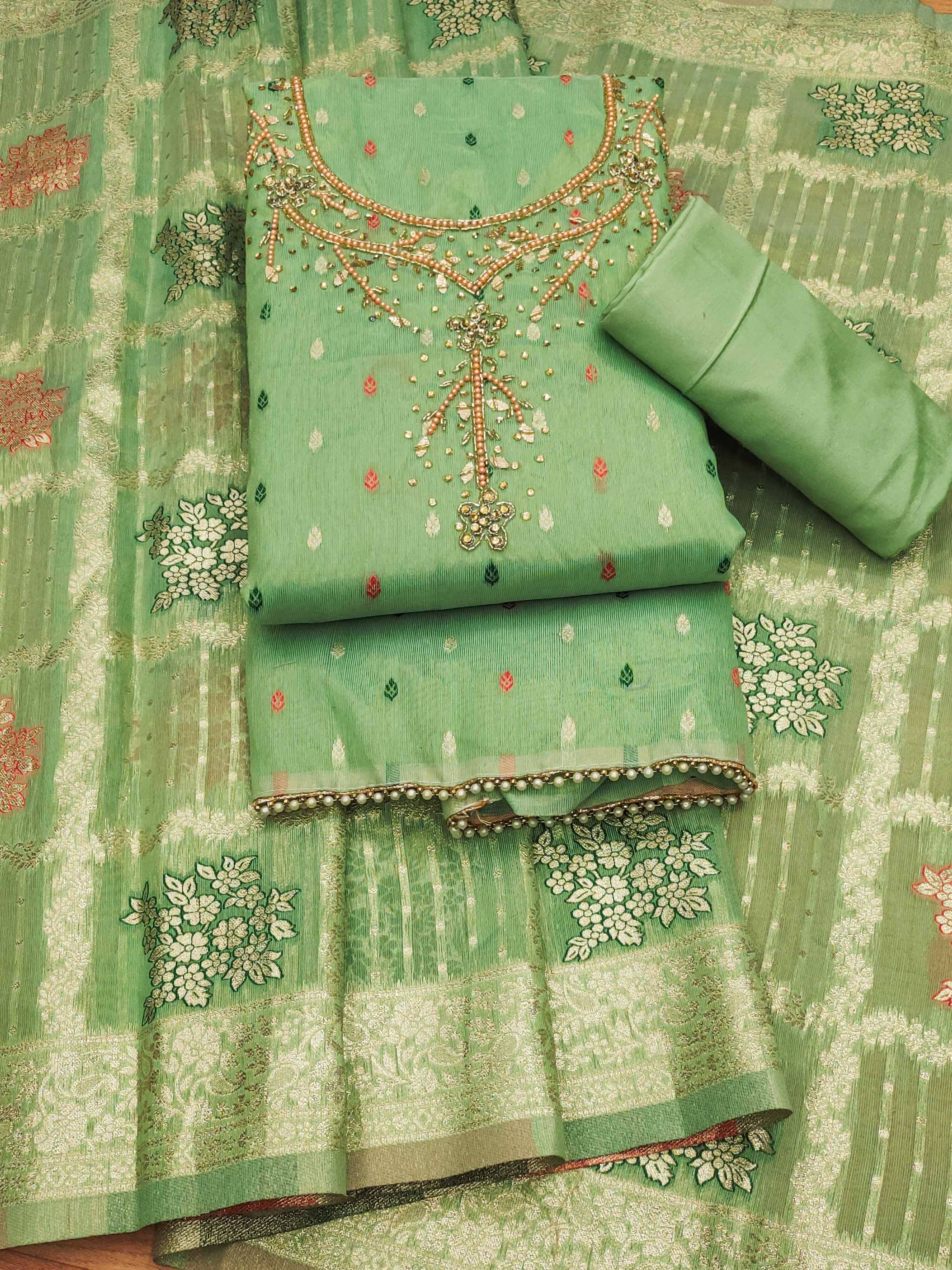     			PANZORA Women Jacquard Unstitched Dress Material ( Lime Green )