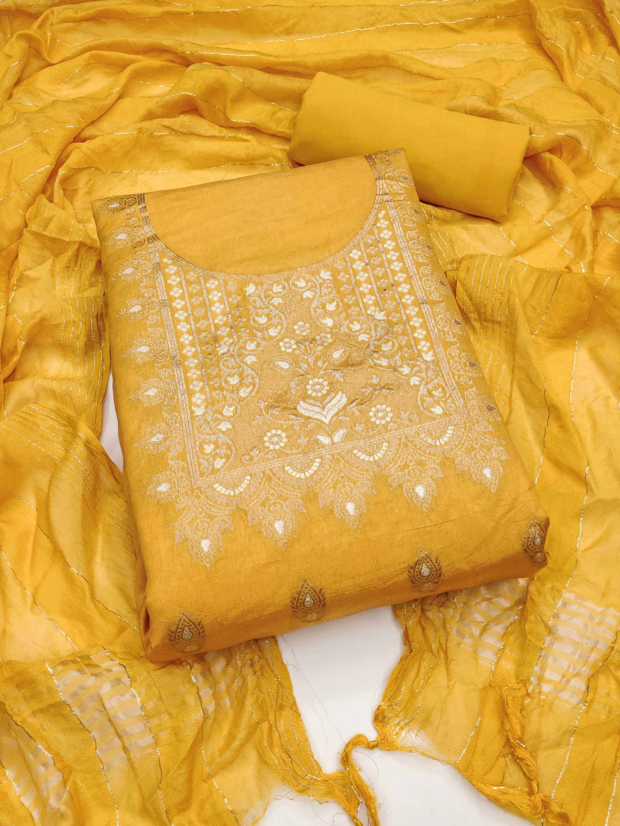     			PANZORA Women Silk Unstitched Dress Material ( Yellow )