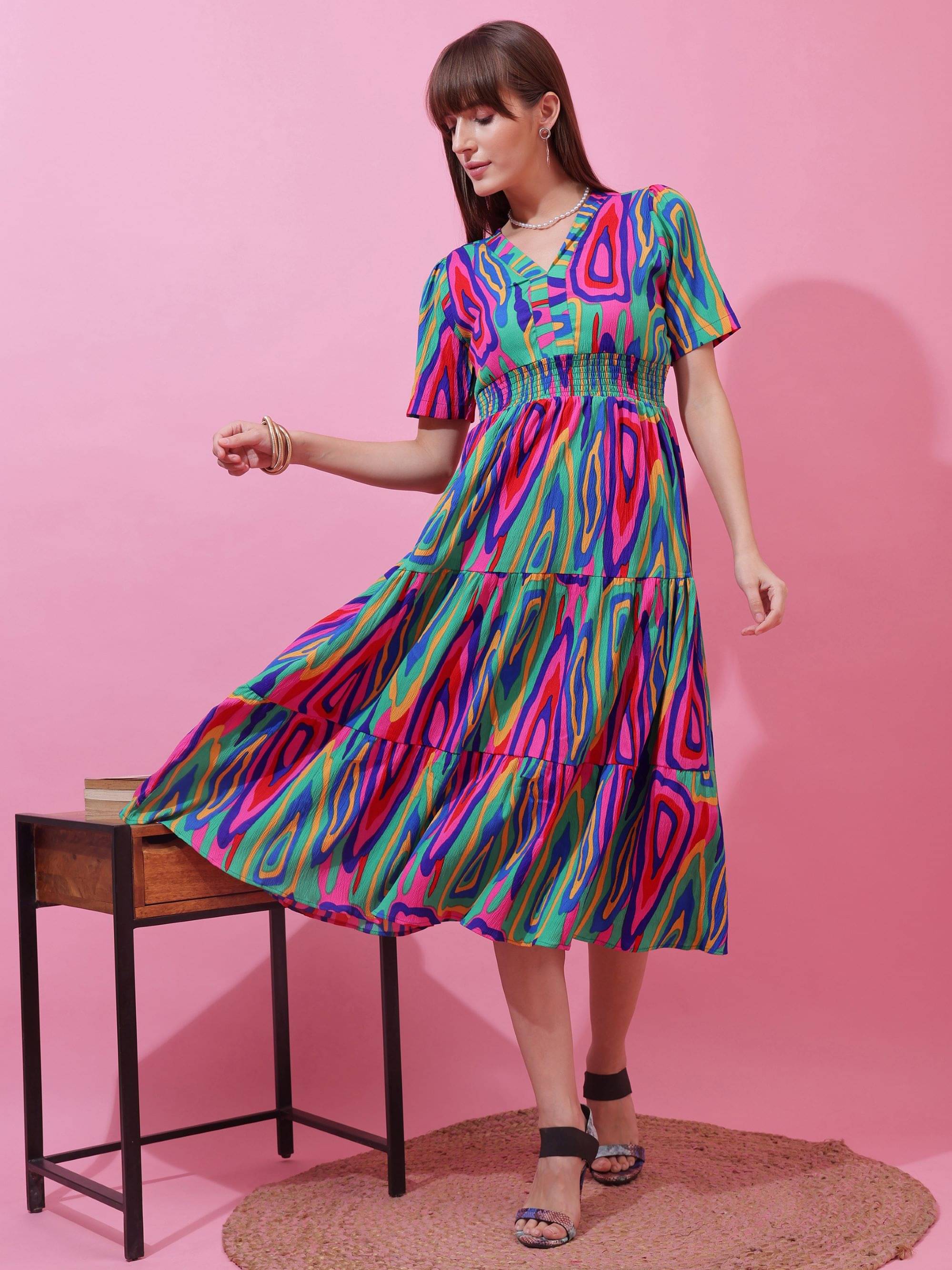     			Sheetal associates Women Crepe Printed Fit & Flare Dress ( Multicolor )