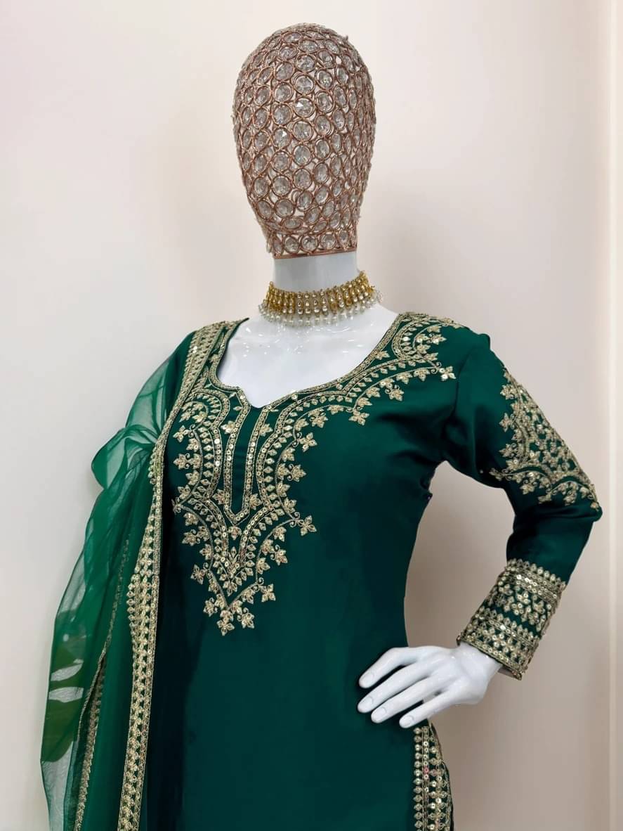     			Trandtid Women Silk Embroidered Straight Kurti With Palazzo ( Green )
