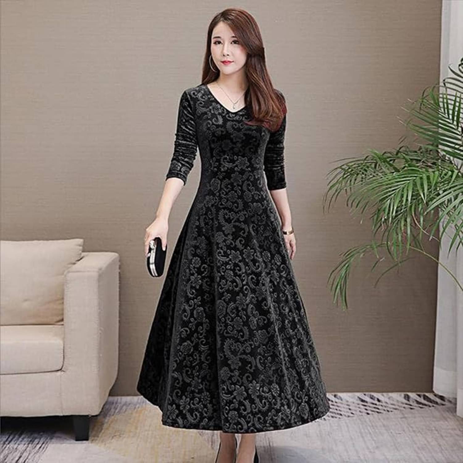     			True Westies Women Velvet Printed A-line Dress ( Black )