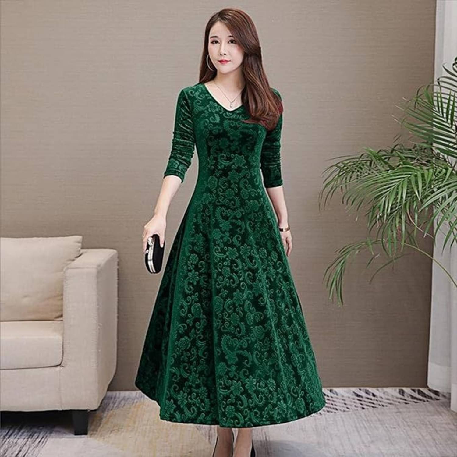     			True Westies Women Velvet Printed A-line Dress ( Green )