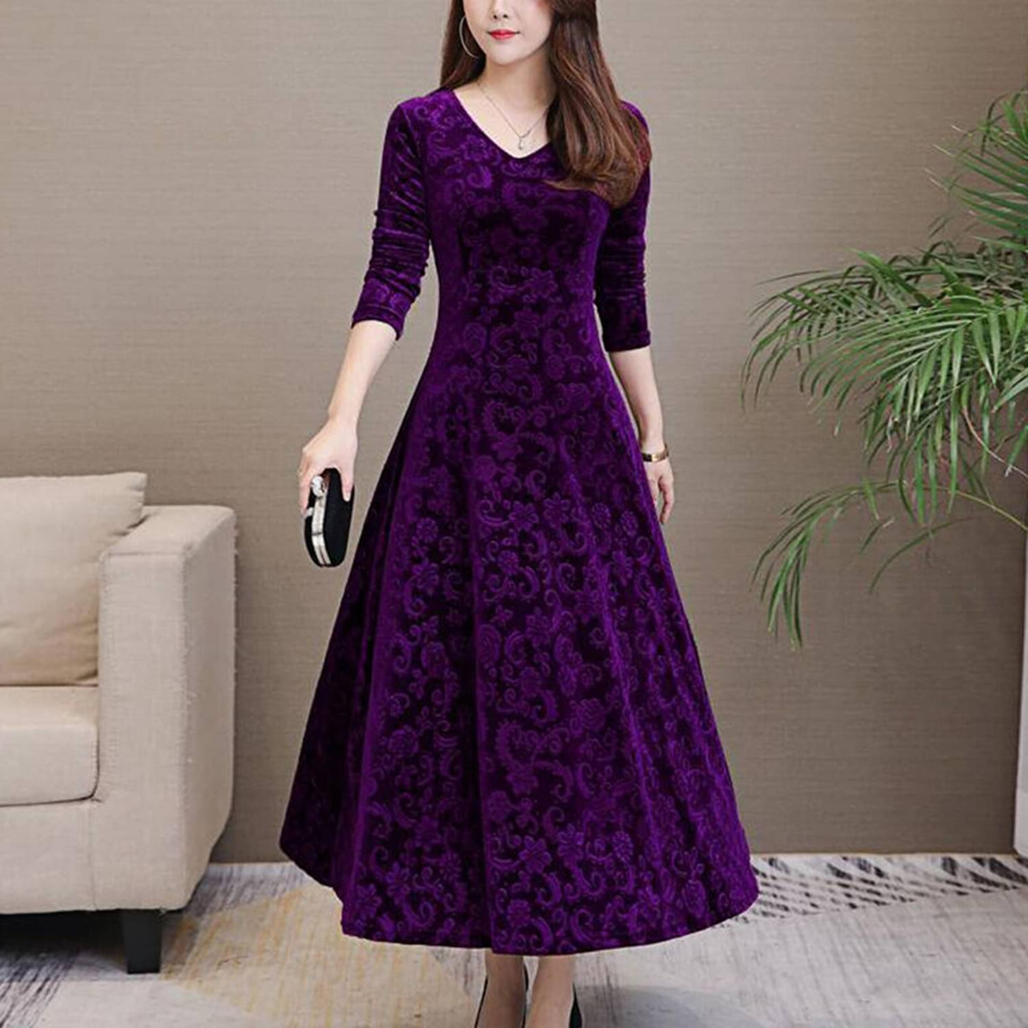 True Westies Women Velvet Printed A-line Dress ( Purple ) True Westies Women Velvet Printed A-line Dress ( Purple )