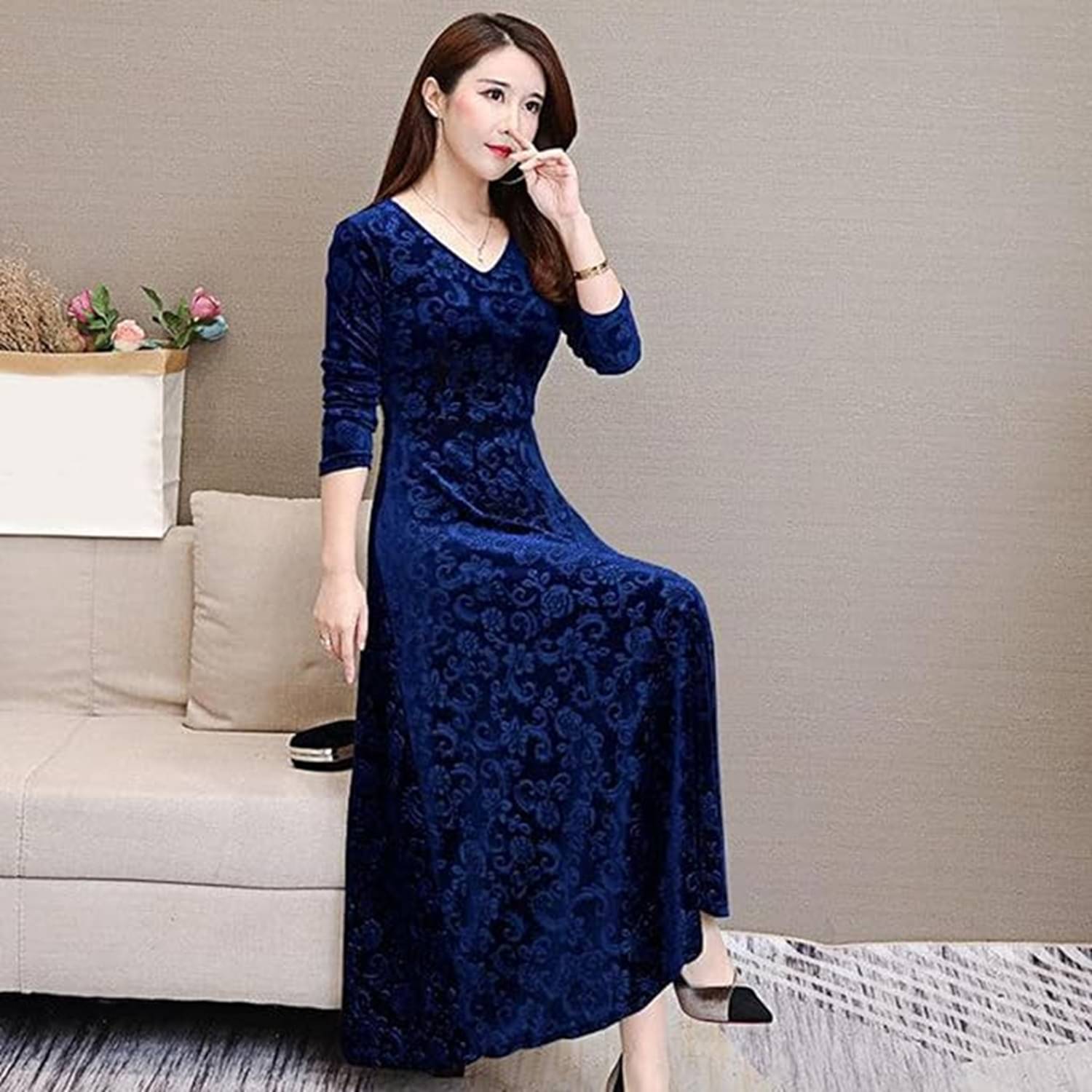     			True Westies Women Velvet Printed A-line Dress ( Blue )