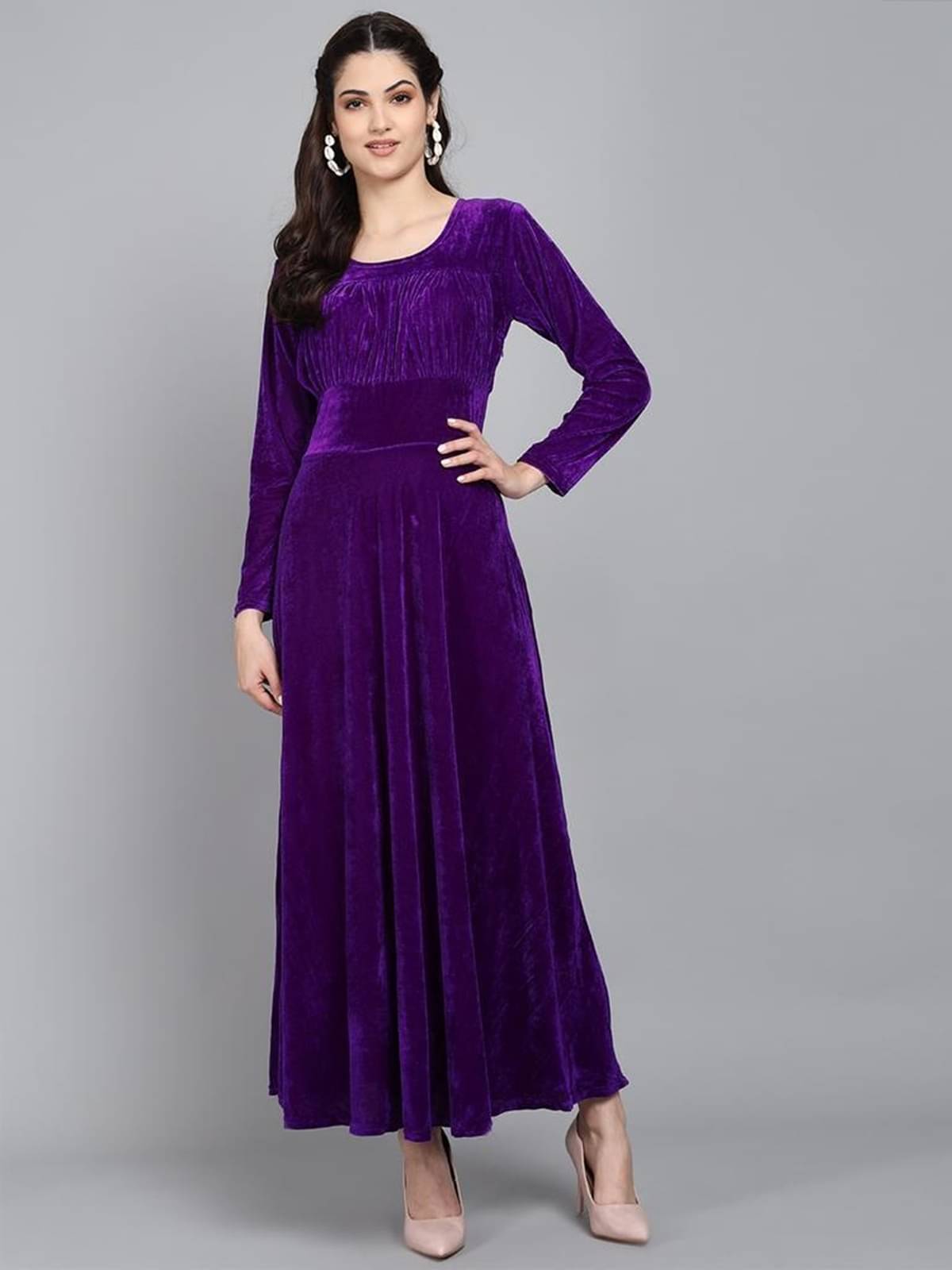 True Westies Women Velvet Solid A-line Dress ( Purple ) True Westies Women Velvet Solid A-line Dress ( Purple )