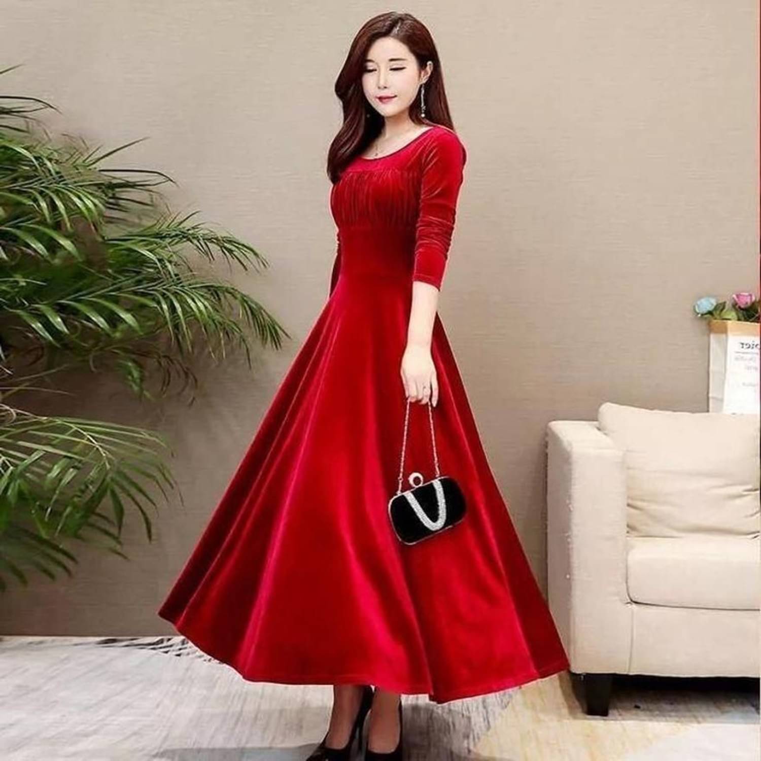     			True Westies Women Velvet Solid A-line Dress ( Red )