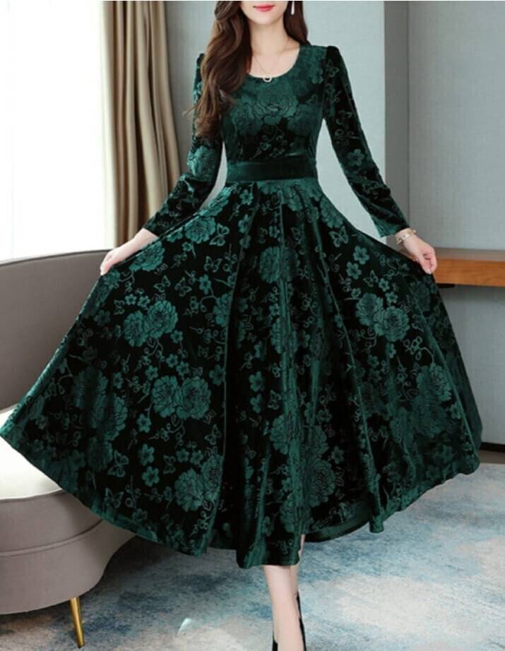     			True Westies Women Velvet Solid A-line Dress ( Green )