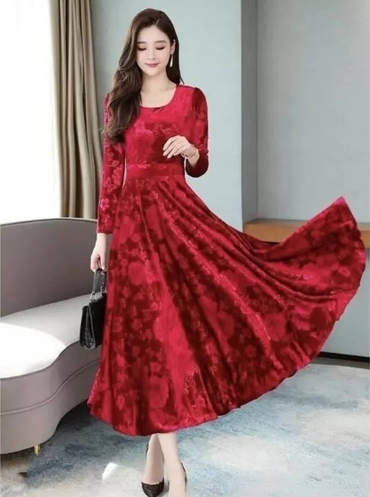     			True Westies Women Velvet Solid A-line Dress ( Red )