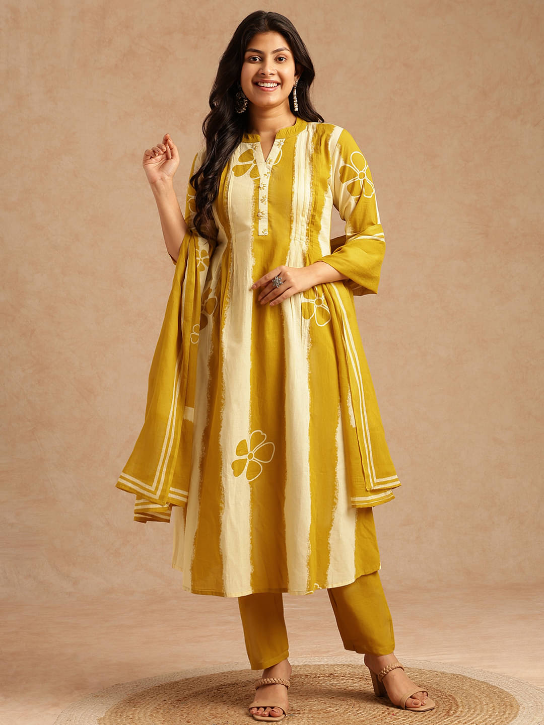     			Vbuyz Women Cotton Embellished A-Line Kurti With Pants ( Yellow )